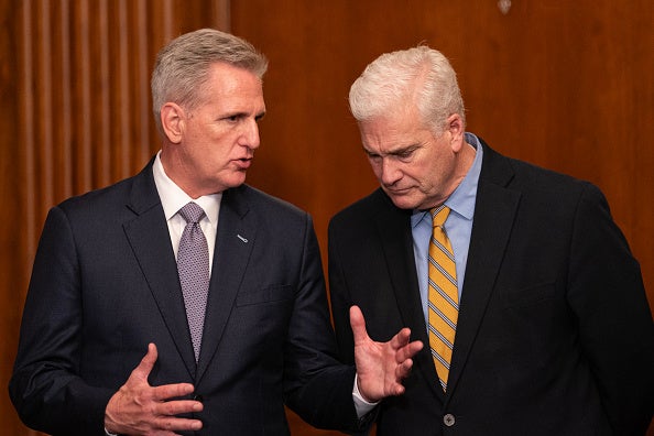 Former House speaker Kevin McCarthy (left) speaks with Republican Majority Whip Tom Emmer in September