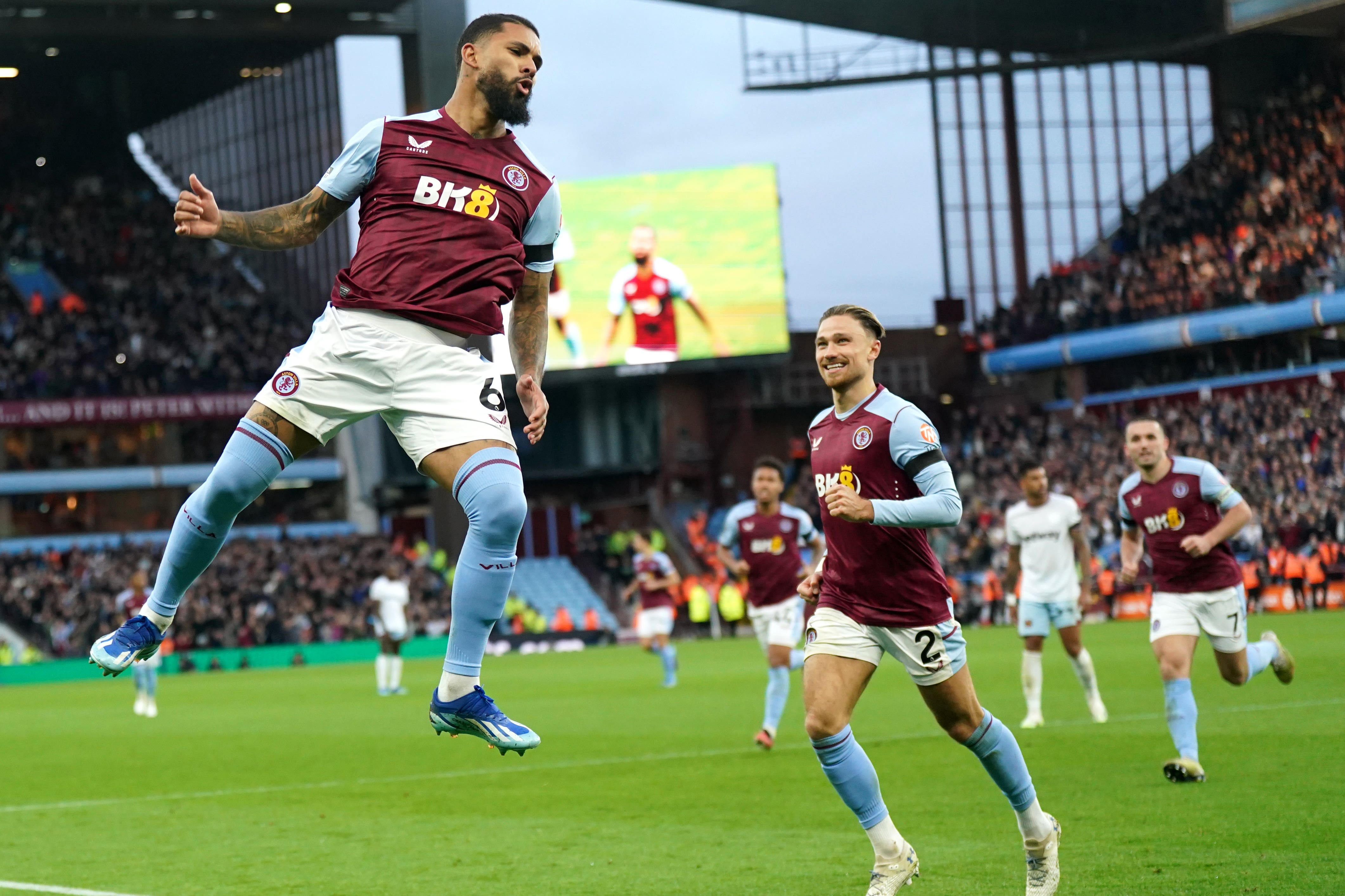 Aston Villa’s Douglas Luiz celebrates his second goal against West Ham