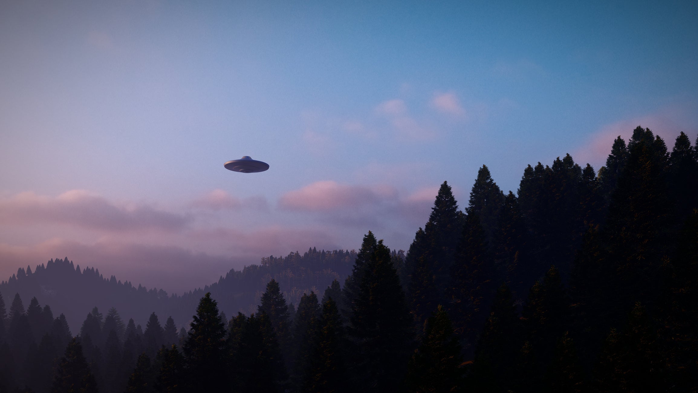 3D illustration of a UFO over a mountain