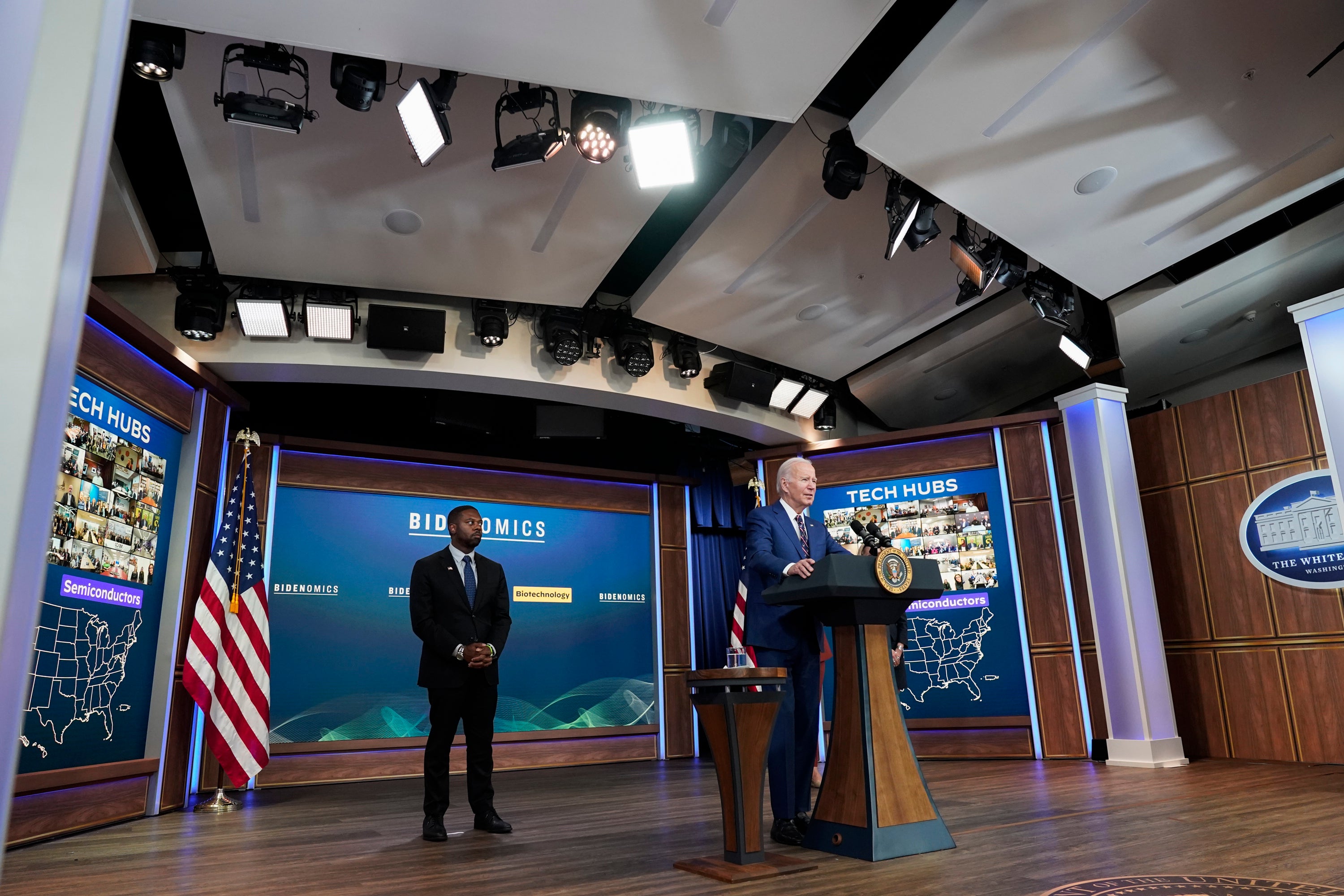 President Joe Biden speaks during an event on the economy, from the South Court Auditorium of the Eisenhower Executive Office Building on the White House complex