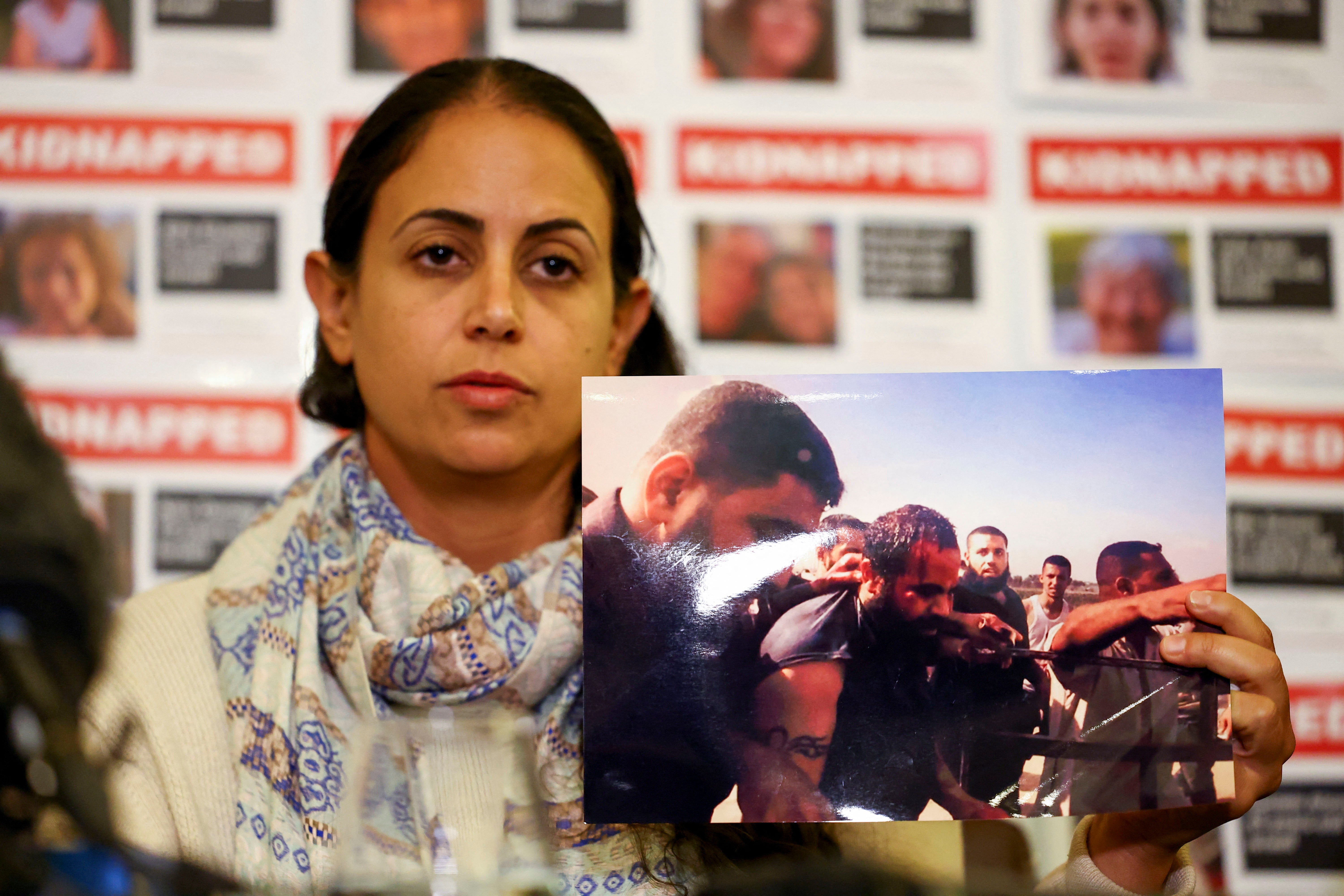 Ofri Bibas Levy shows a picture of her brother Yarden captured by Hamas