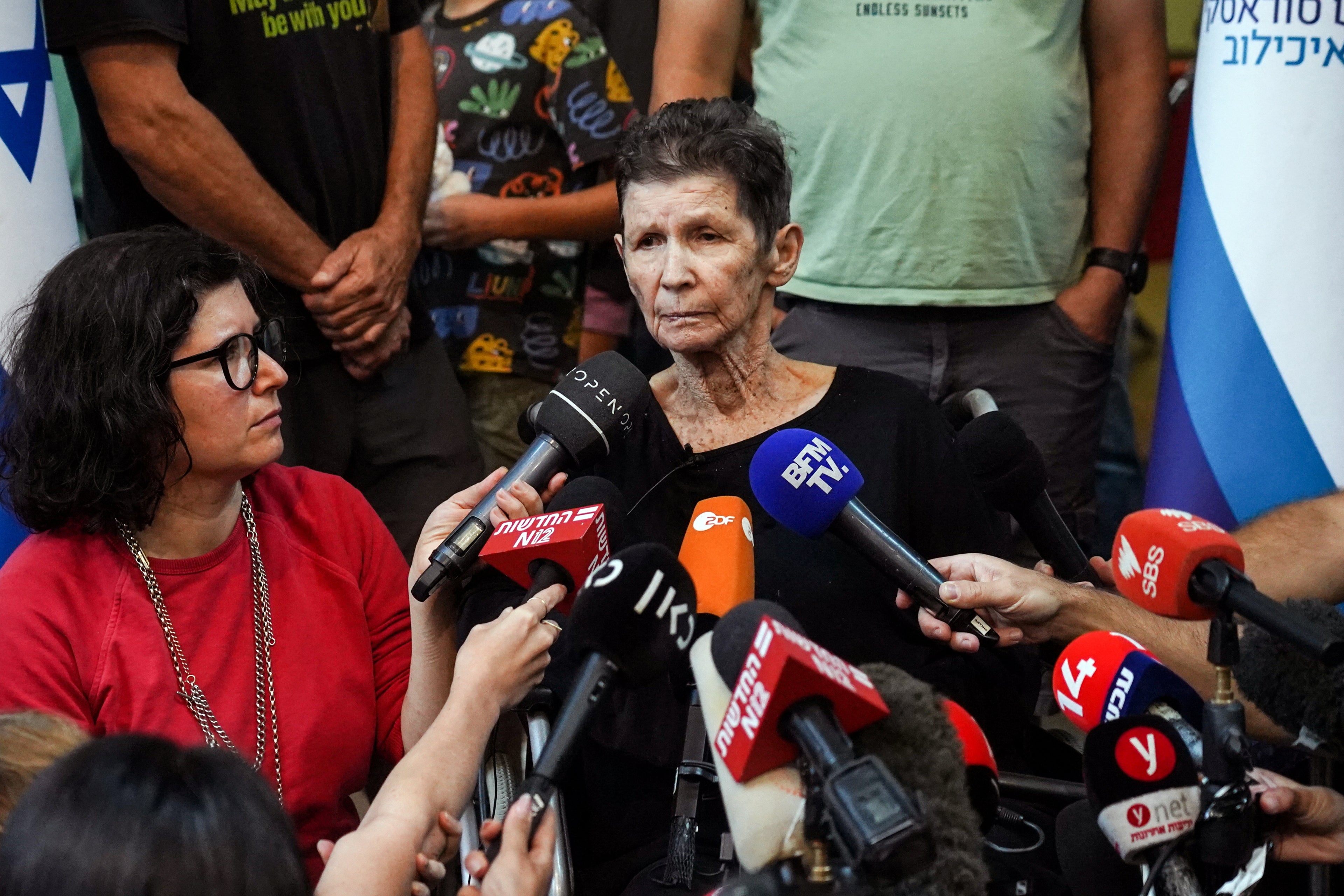 Yocheved Lifshitz, 85, speaking from a hospital in Tel Aviv, her British daughter Sharone Lifschitz beside her