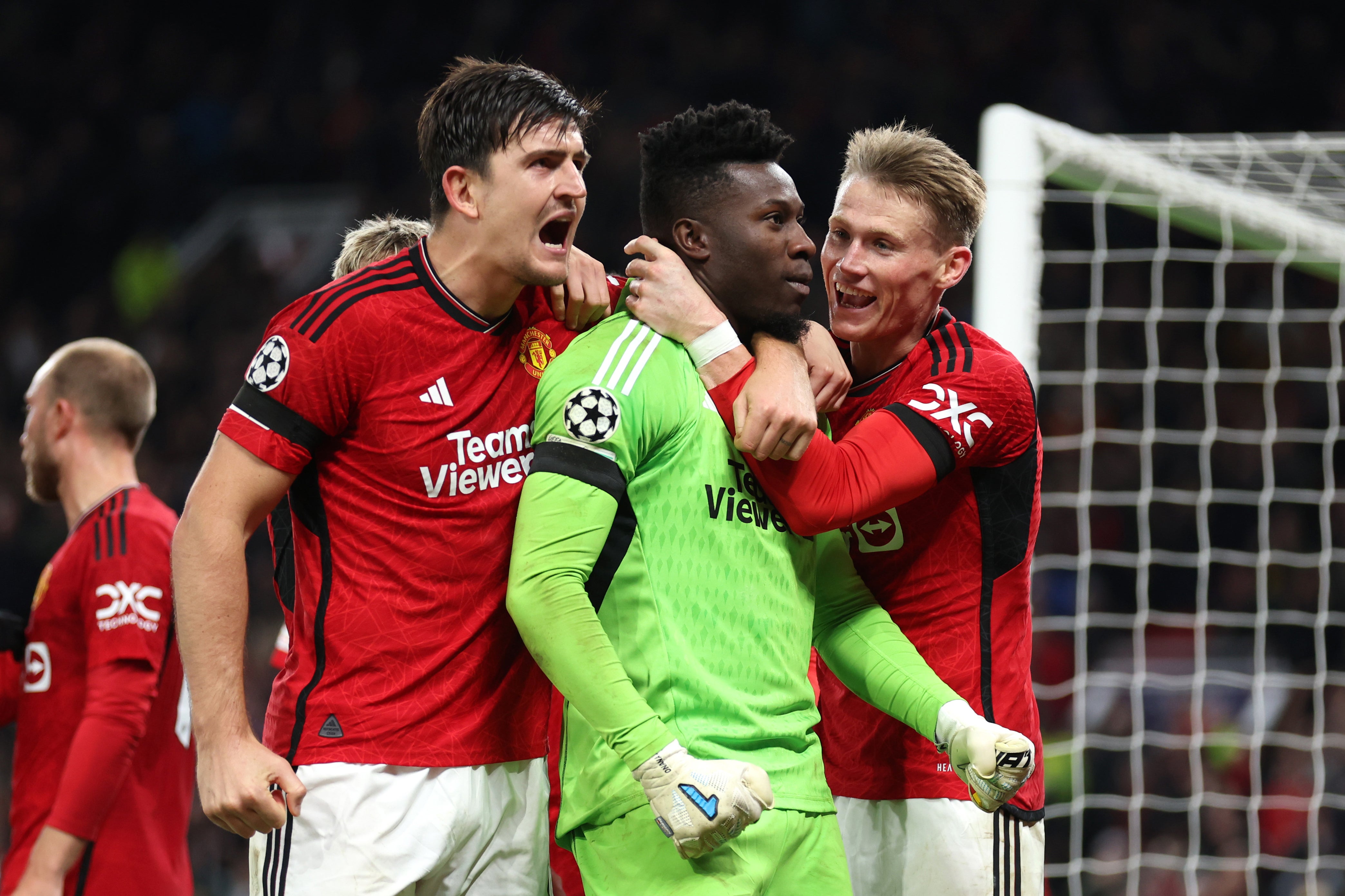 United’s players celebrate Onana’s last-gasp save