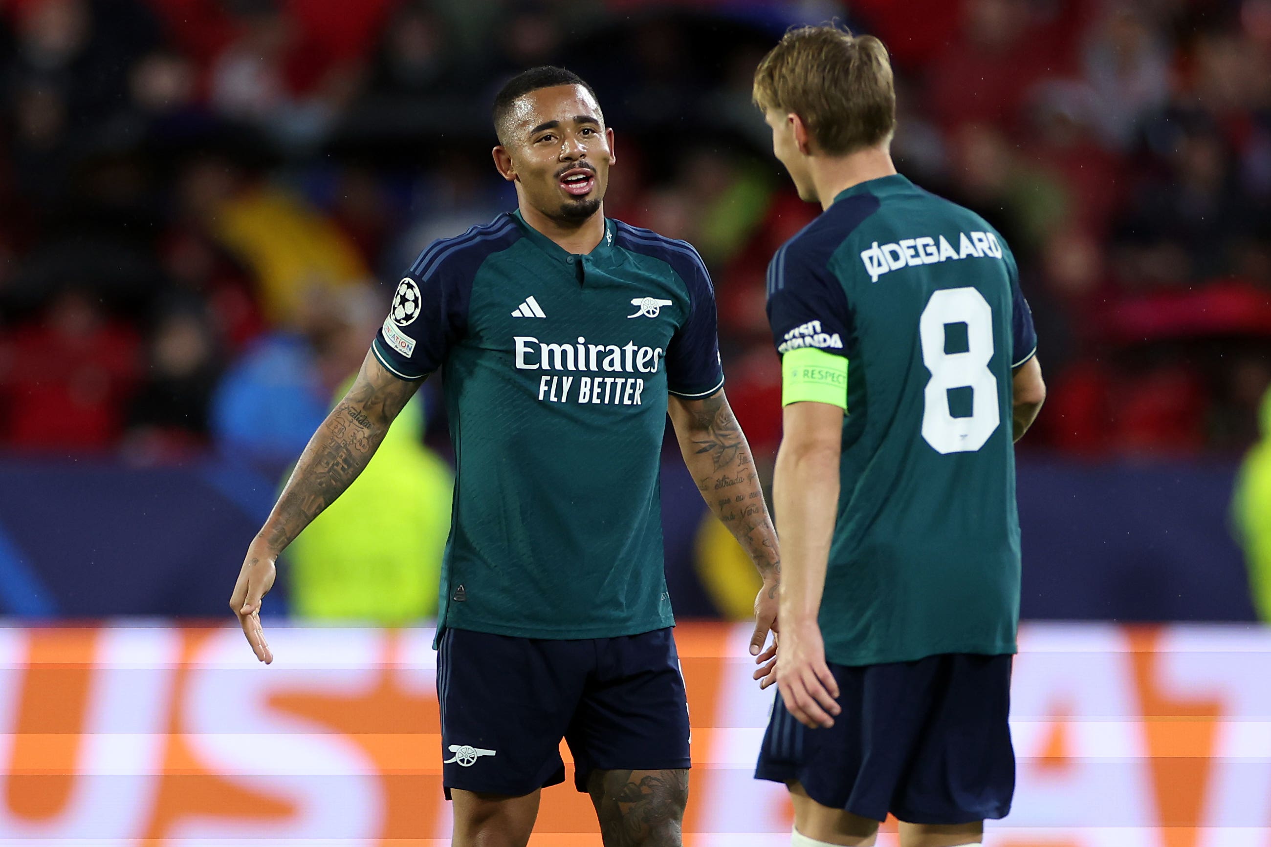 Gabriel Jesus, left, inspired Arsenal to victory over Sevilla (Isabel Infantes/PA)