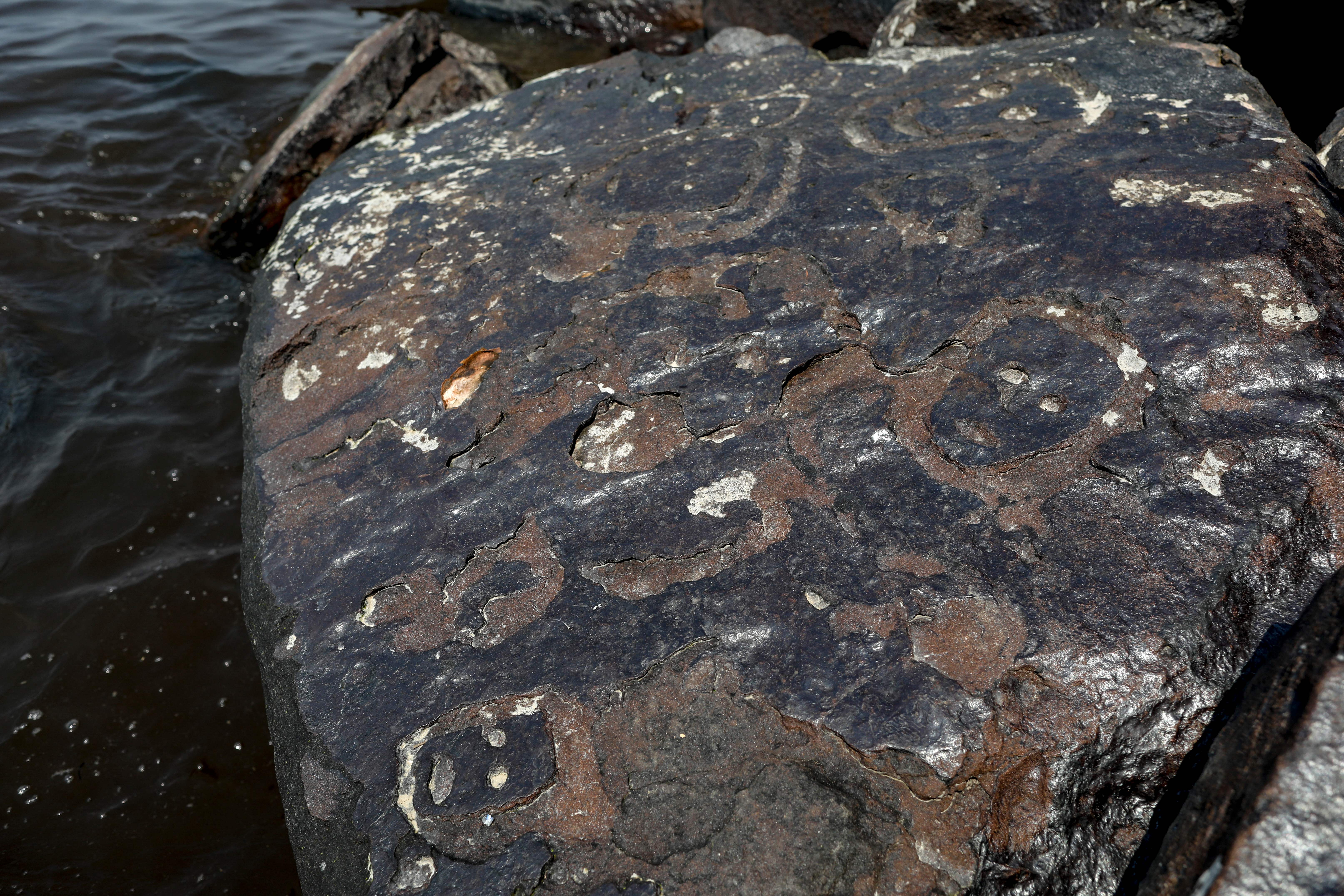 Ancient rock carvings that reappeared in the region of the Lajes Archaeological Site due to the severe drought affecting the region’s rivers are pictured on the banks of the Negro River in Manaus, Amazonas State, northern Brazil