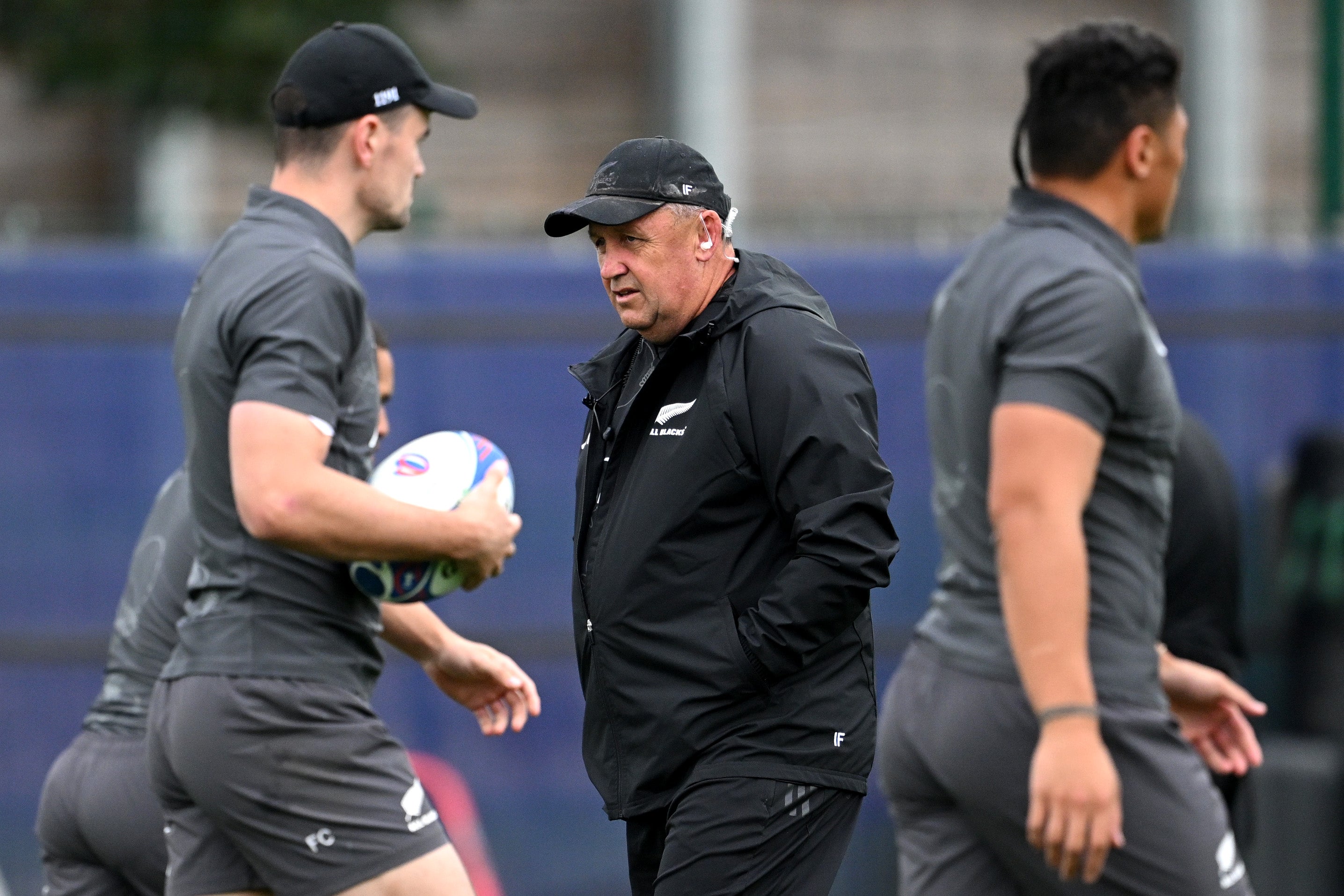 Head coach Ian Foster looks on during a New Zealand All Blacks training session