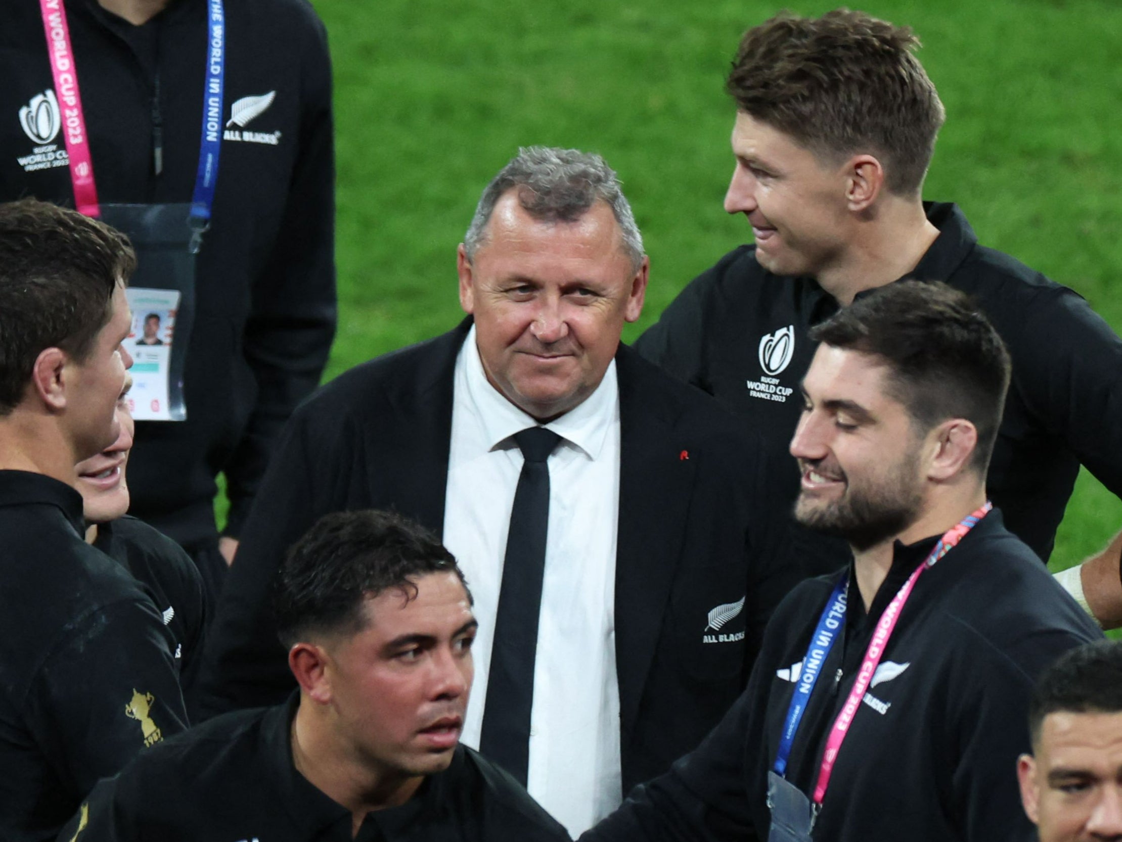 New Zealand’s head coach Ian Foster celebrates with his players