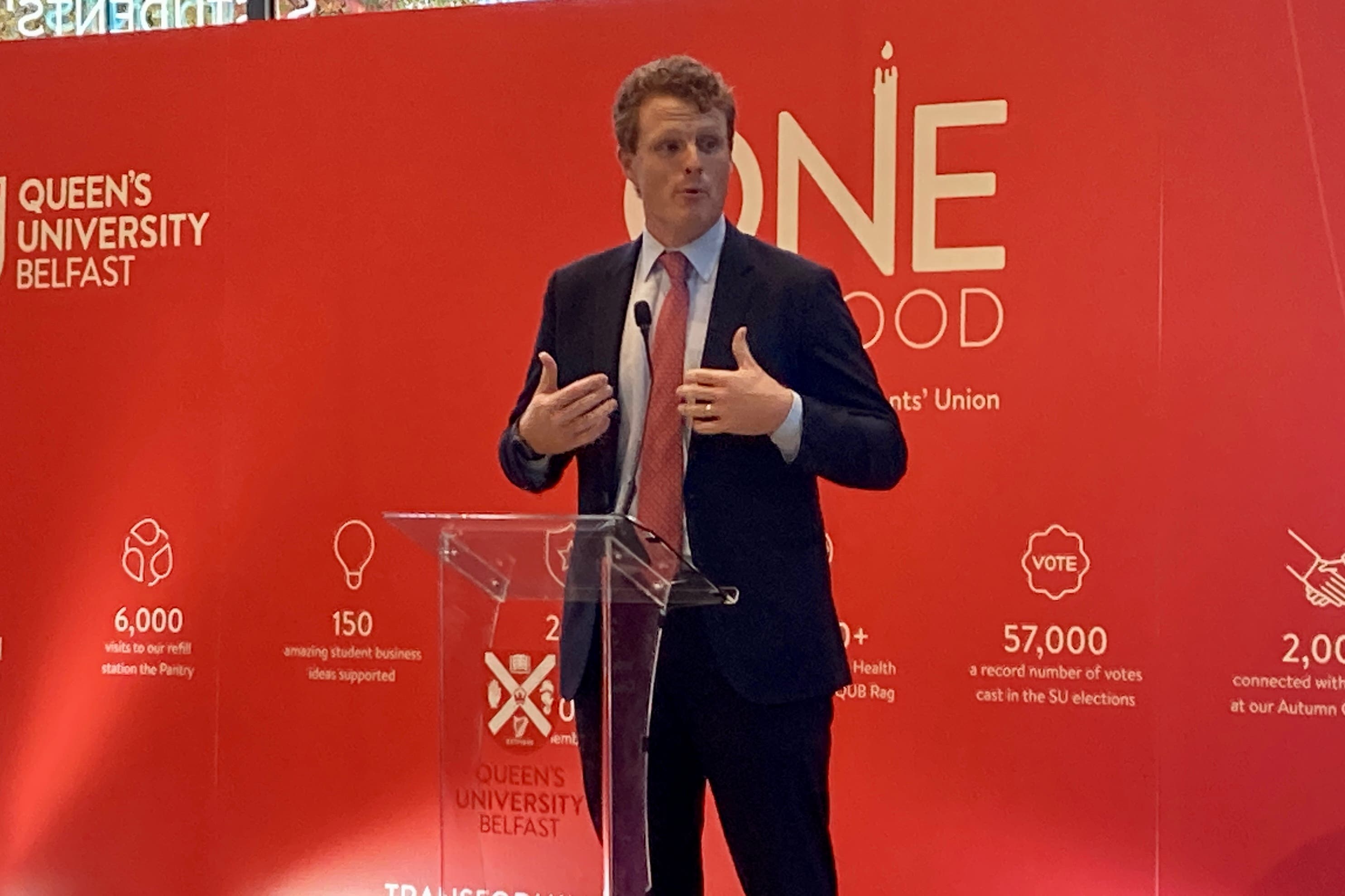 Joe Kennedy III, the US Special Envoy for Northern Ireland, speaks at the official reopening of the new Students Union building at the Queen’s University, Belfast (Rebecca Black/PA)