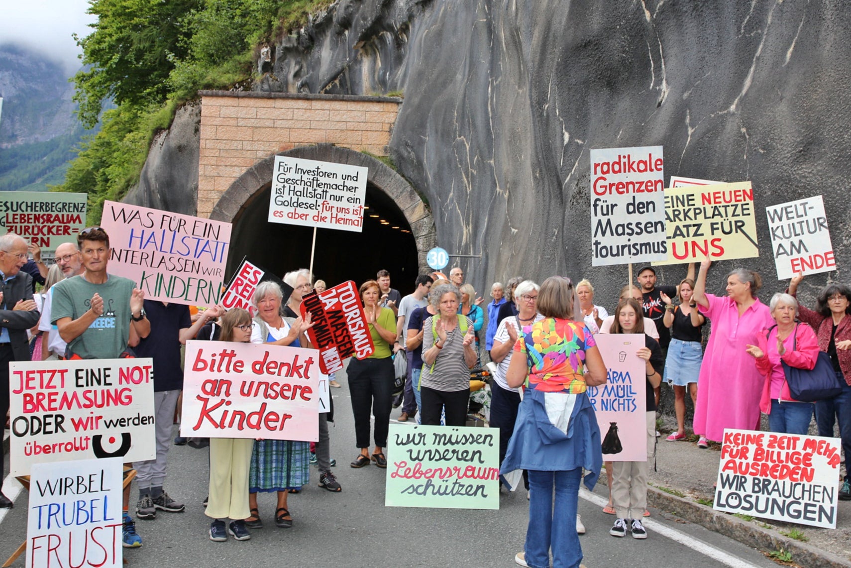 Protestors blocked the road into the town