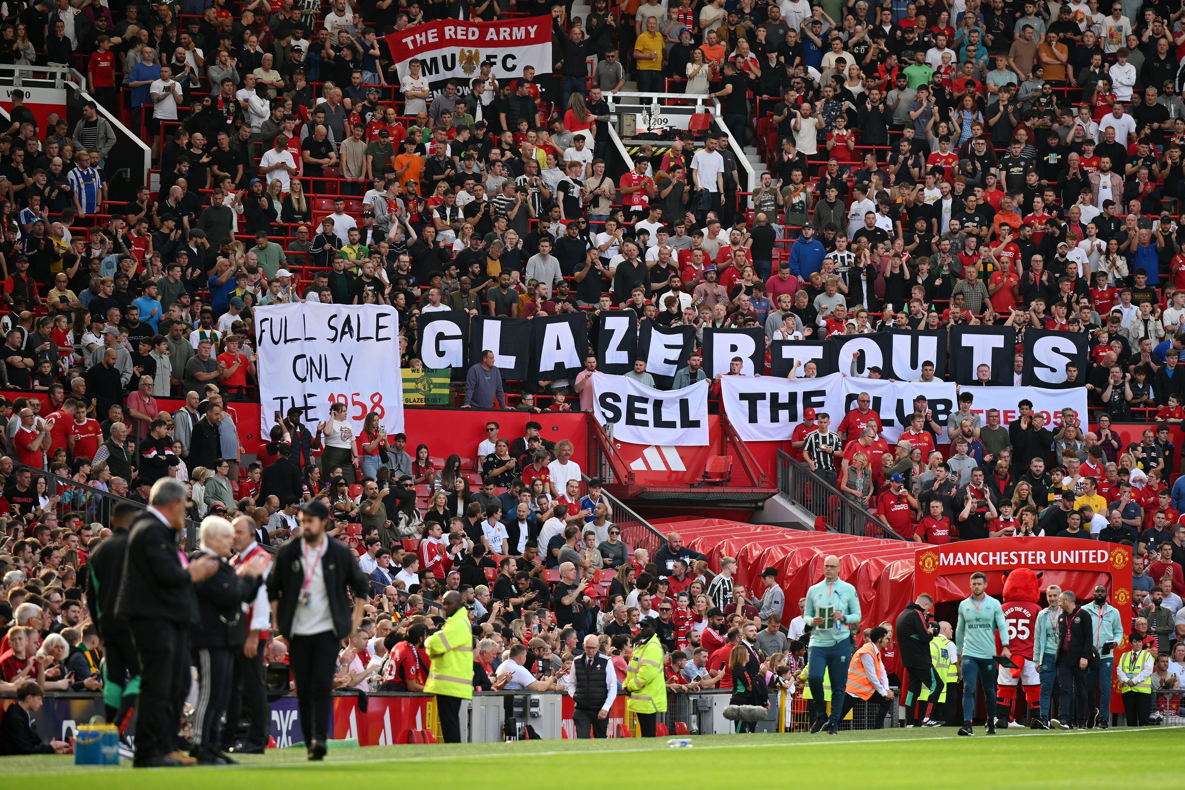 United fans protest during last month’s Premier League game against Brentford