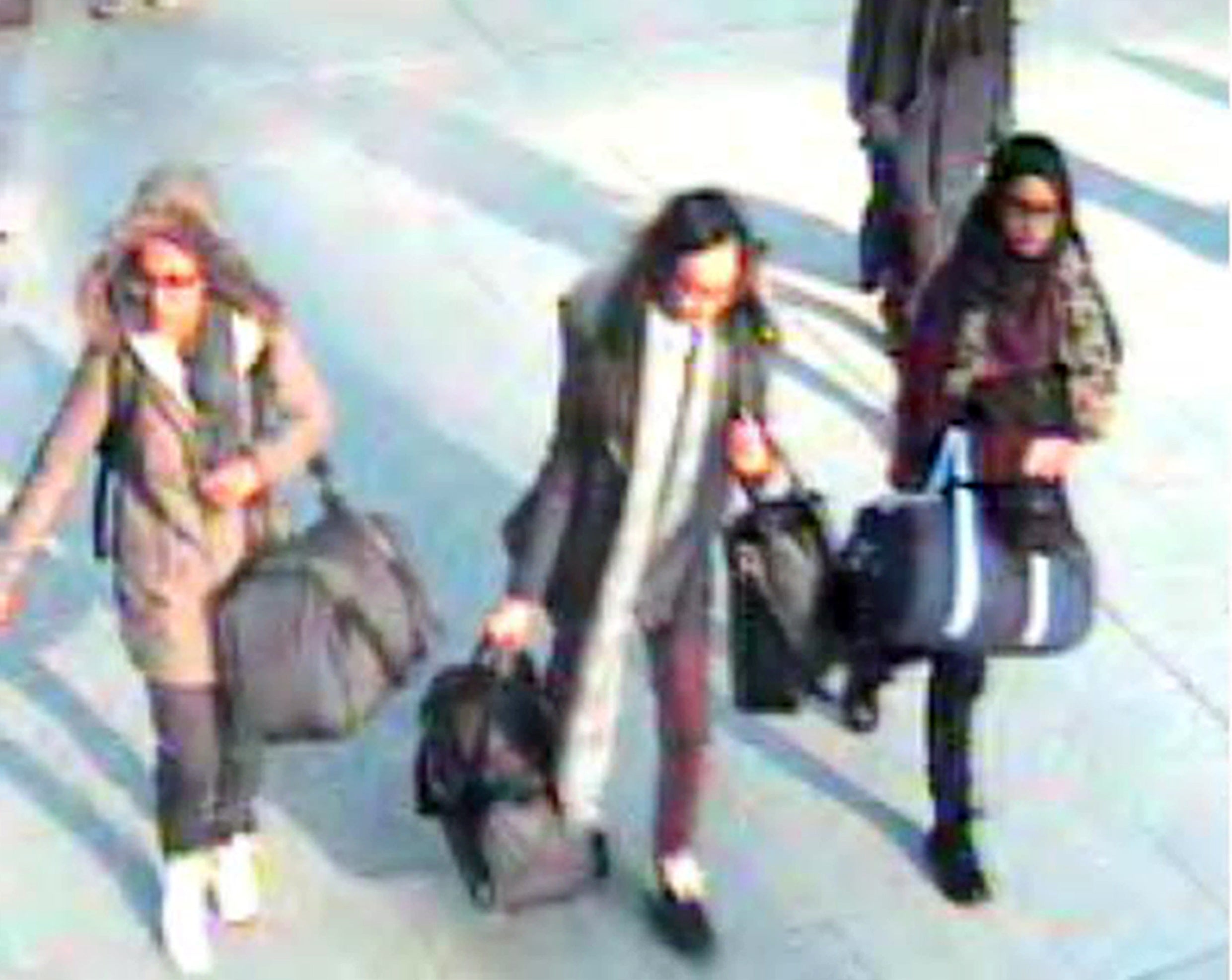 Left to right: Amira Abase, 15; Kadiza Sultana,16; and Shamima Begum,15, at Gatwick airport, before they caught their flight to Turkey in 2015