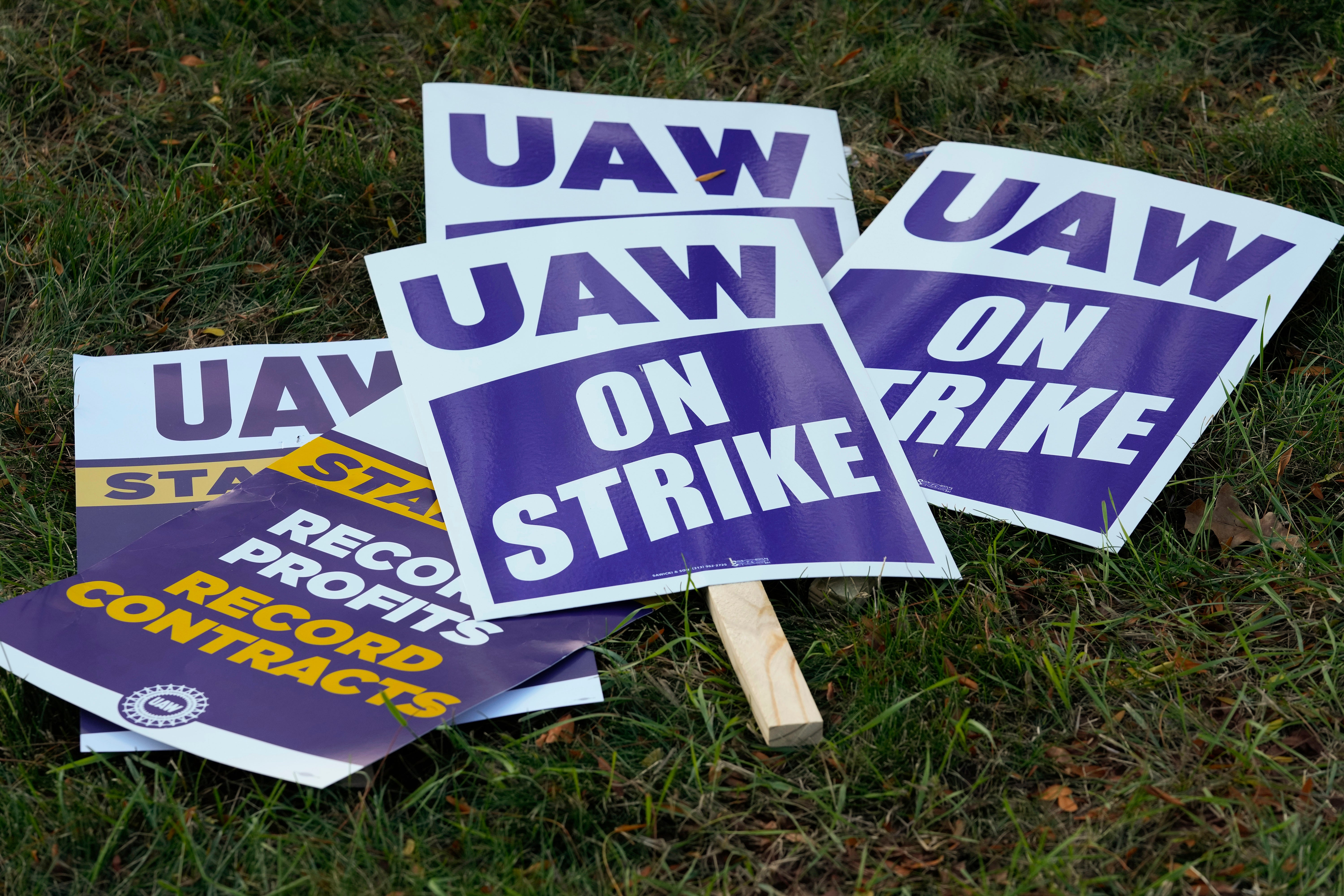 United Auto Workers signs for a strike are shown at the Stellantis Sterling Heights Assembly Plant, in Sterling Heights, Michigan