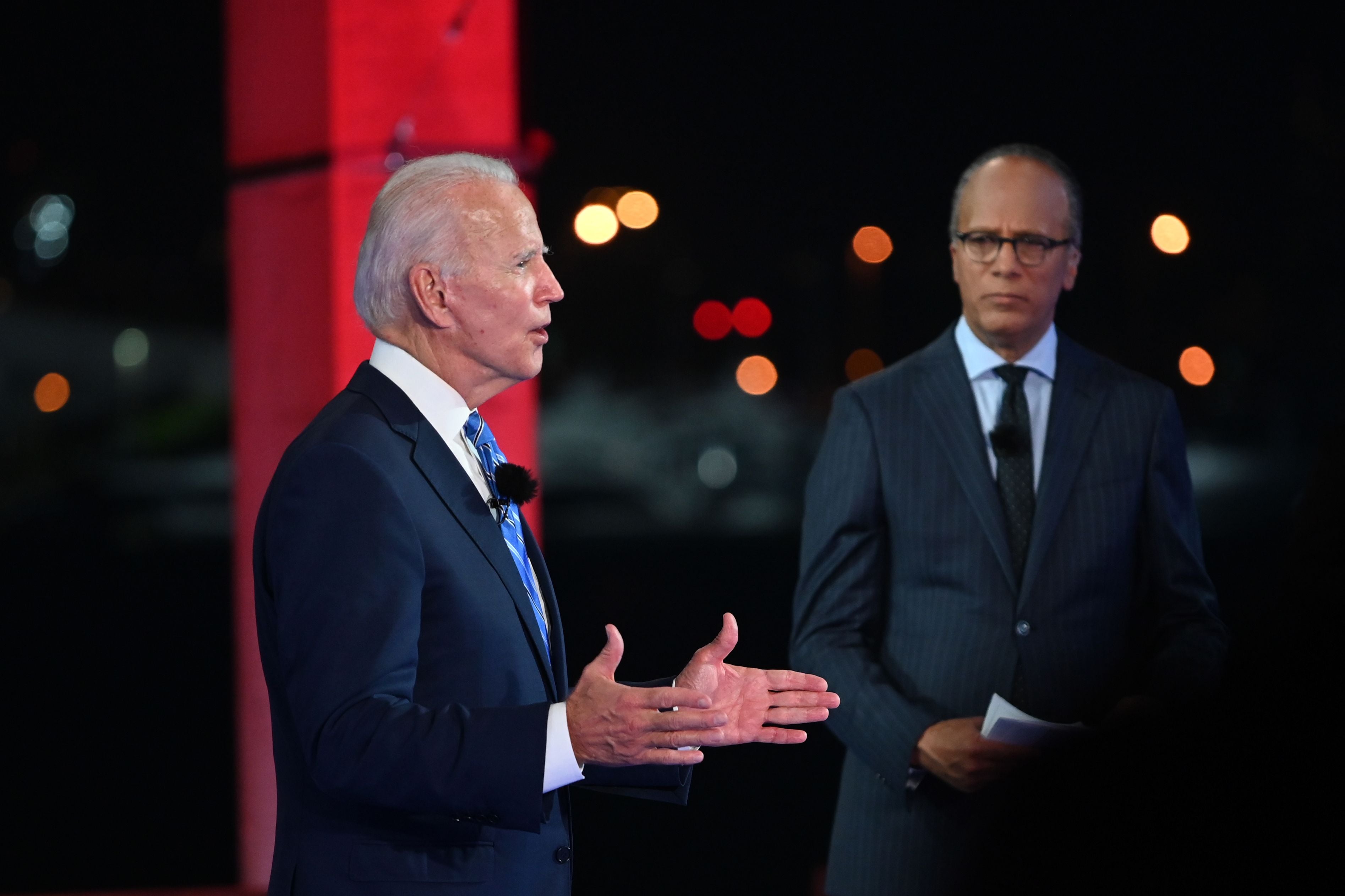 Democratic presidential nominee and former Vice President Joe Biden participates in an NBC Town Hall event hosted by Lester Holt at the Perez Art Museum in Miami, Florida on October 5, 2020