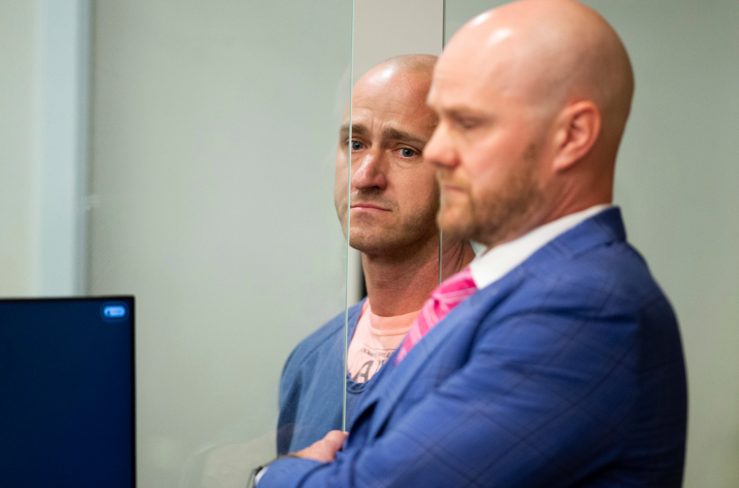 Joseph David Emerson, left, 44, is arraigned in Multnomah County Circuit Court, Oct. 24, 2023, in Portland, Oregon