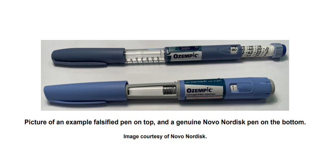 A falsified pen on top and a genuine Novo Nordisk pen on the bottom