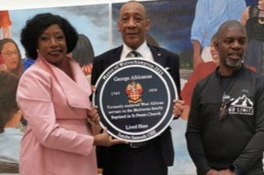 The then-mayor Sandra Samuels with the George Africanus plaque she unveiled in May