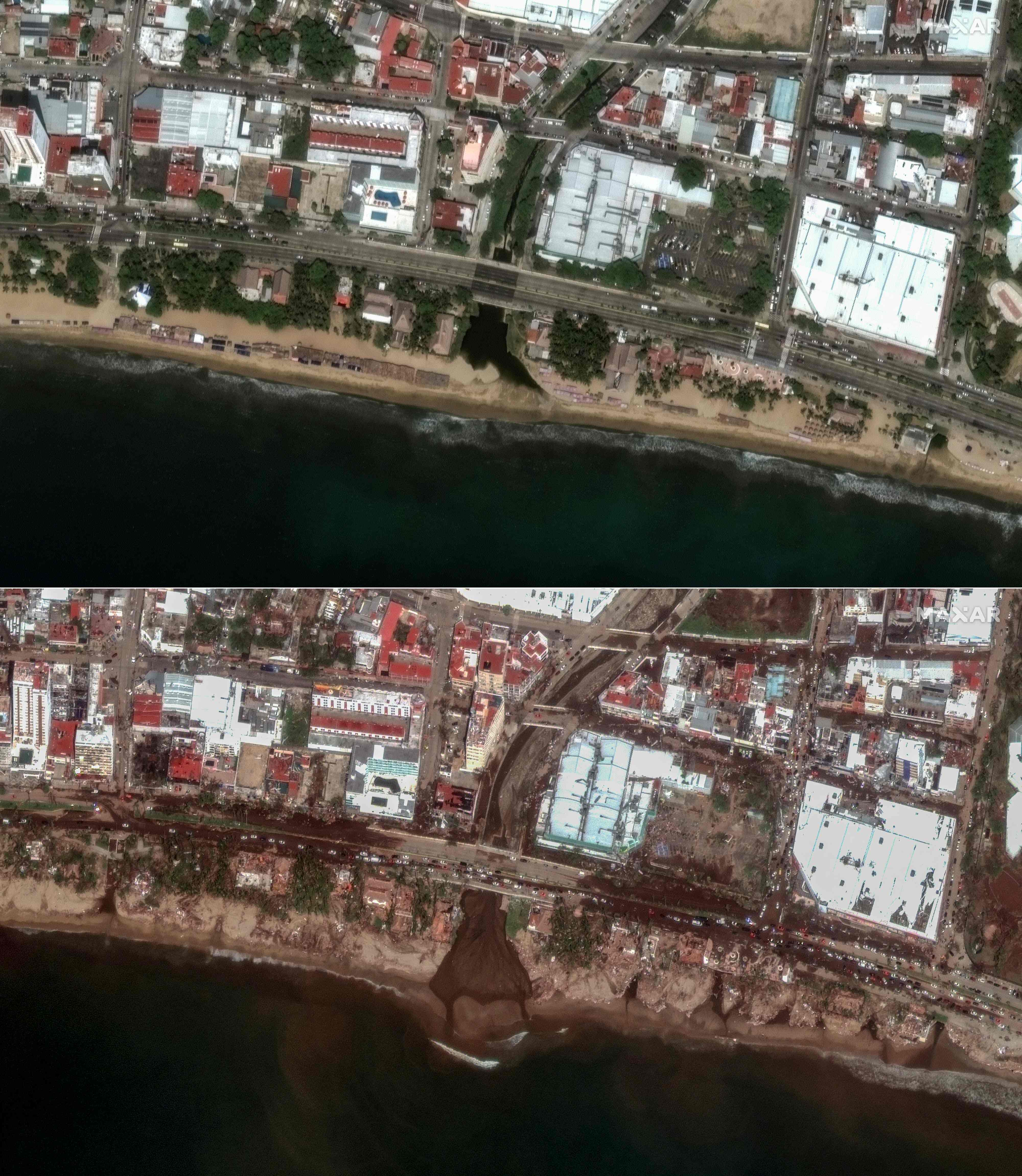 Satellite image shows overview of the coastline in Acapulco, Guerrero state before and after Hurricane Otis