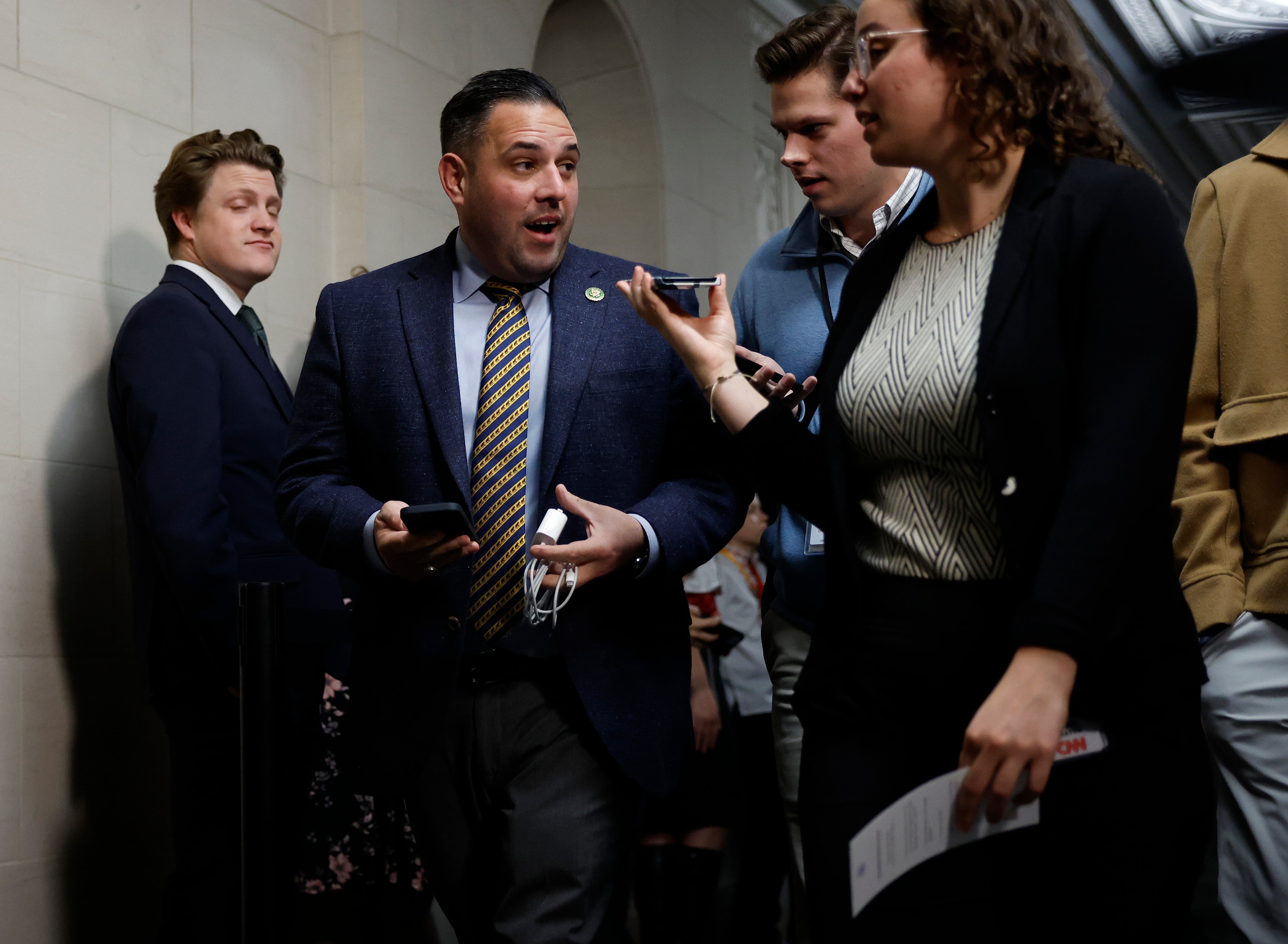 Rep. Anthony D'Esposito (R-NY) arrives at a House Republican candidates forum where congressmen who are running for Speaker of the House will present their platforms in the Longworth House Office Building on Capitol Hill on 23 October 2023 in Washington DC