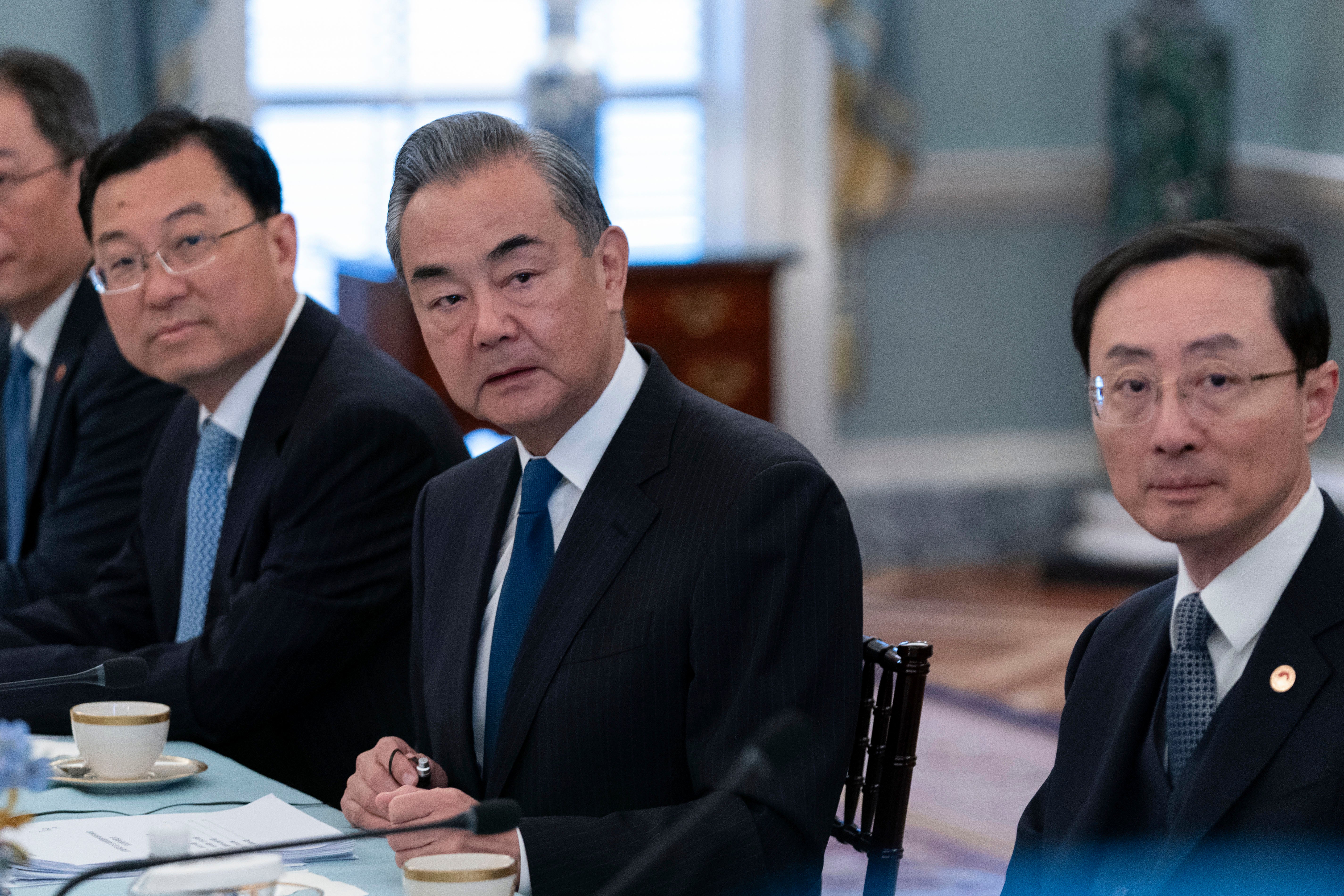 Chinese Foreign Minister Wang Yi, center, during a bilateral meeting with Secretary of State Antony Blinken at the State Department in Washington, Friday, Oct. 27, 2023