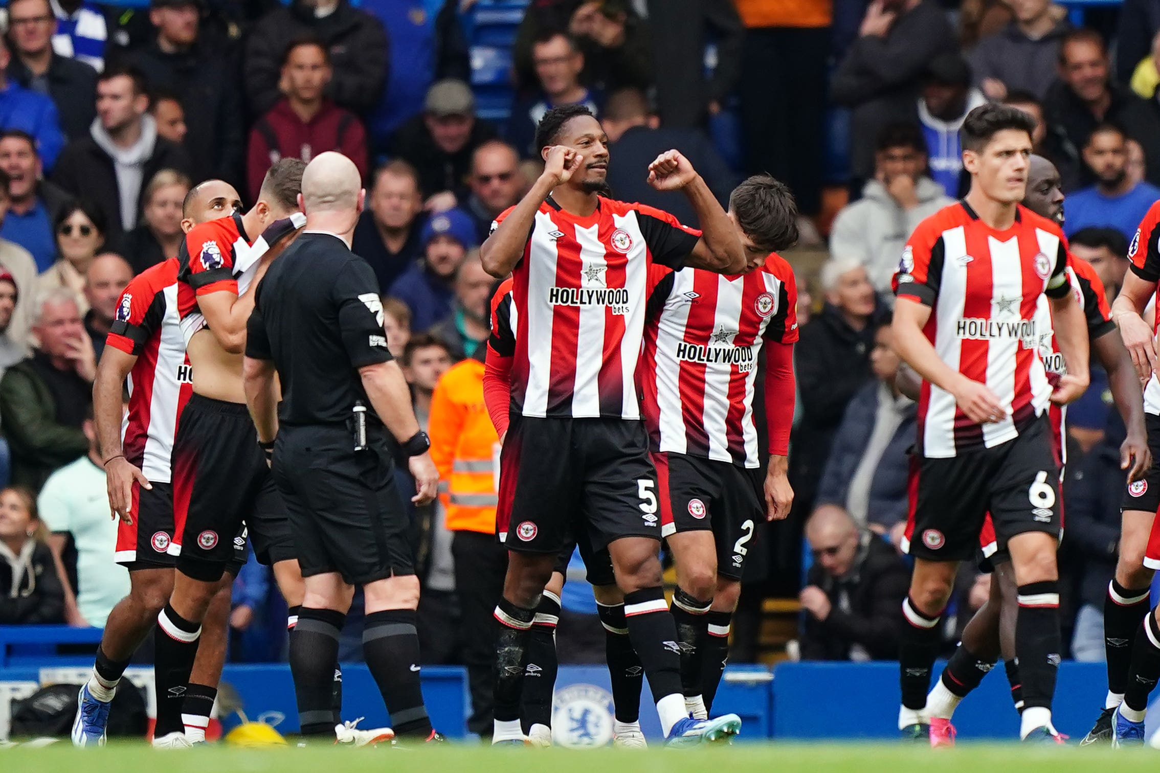 Ethan Pinnock celebrates after scoring Brentford’s opening goal