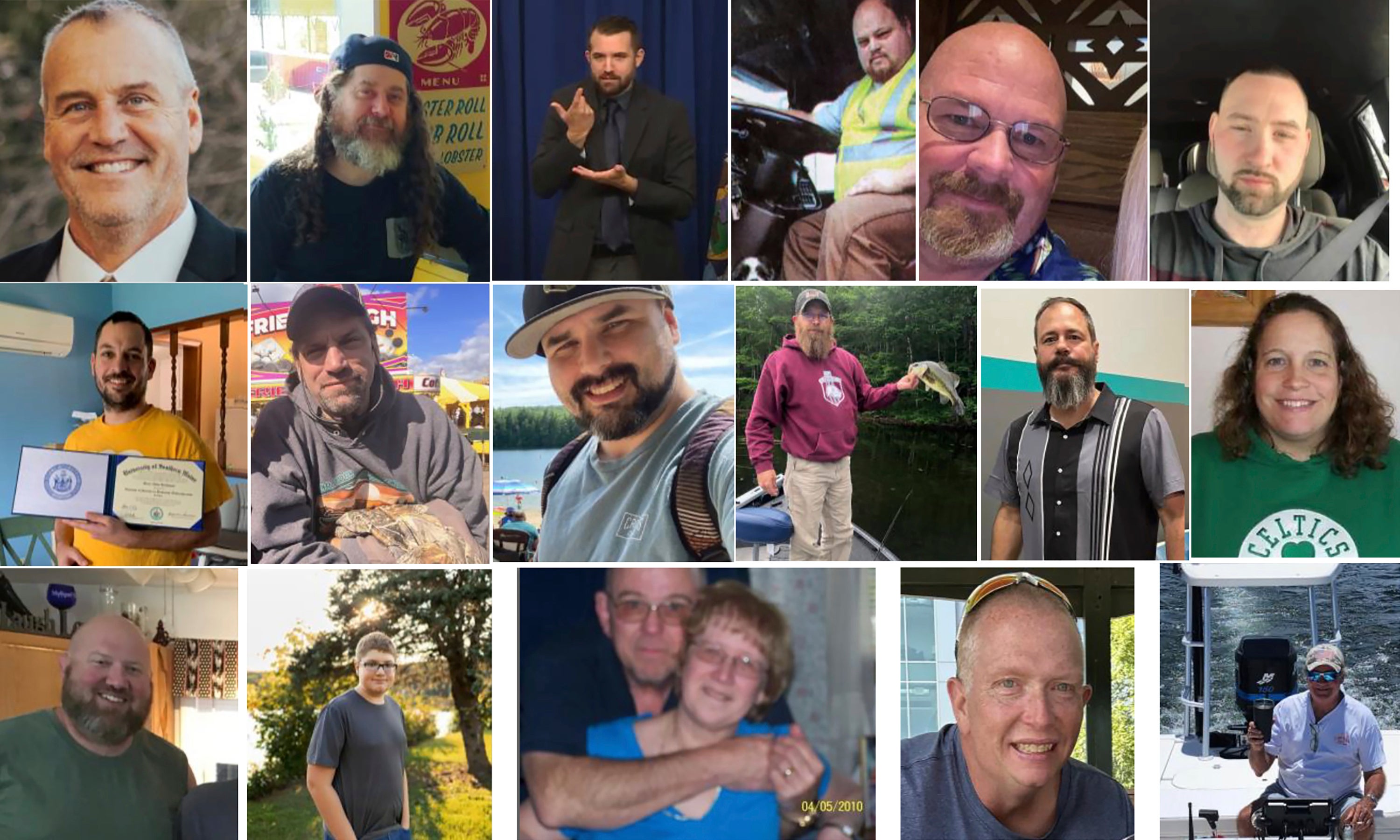 The Maine mass shooting victims: (top row l-r) Ronald G Morin, Peyton Brewer-Ross, Joshua A Seal, Bryan M MacFarlane, Joseph Lawrence Walker, Arthur Fred Strout; (second row l-r) Maxx A Hathaway, Stephen M Vozella, Thomas Ryan Conrad, Michael R Deslauriers II, Jason Adam Walker, Tricia C Asselin; (bottom row l-r) William A Young, Aaron Young, Robert E Violette and Lucille M Violette, William Frank Brackett, Keith D Macneir