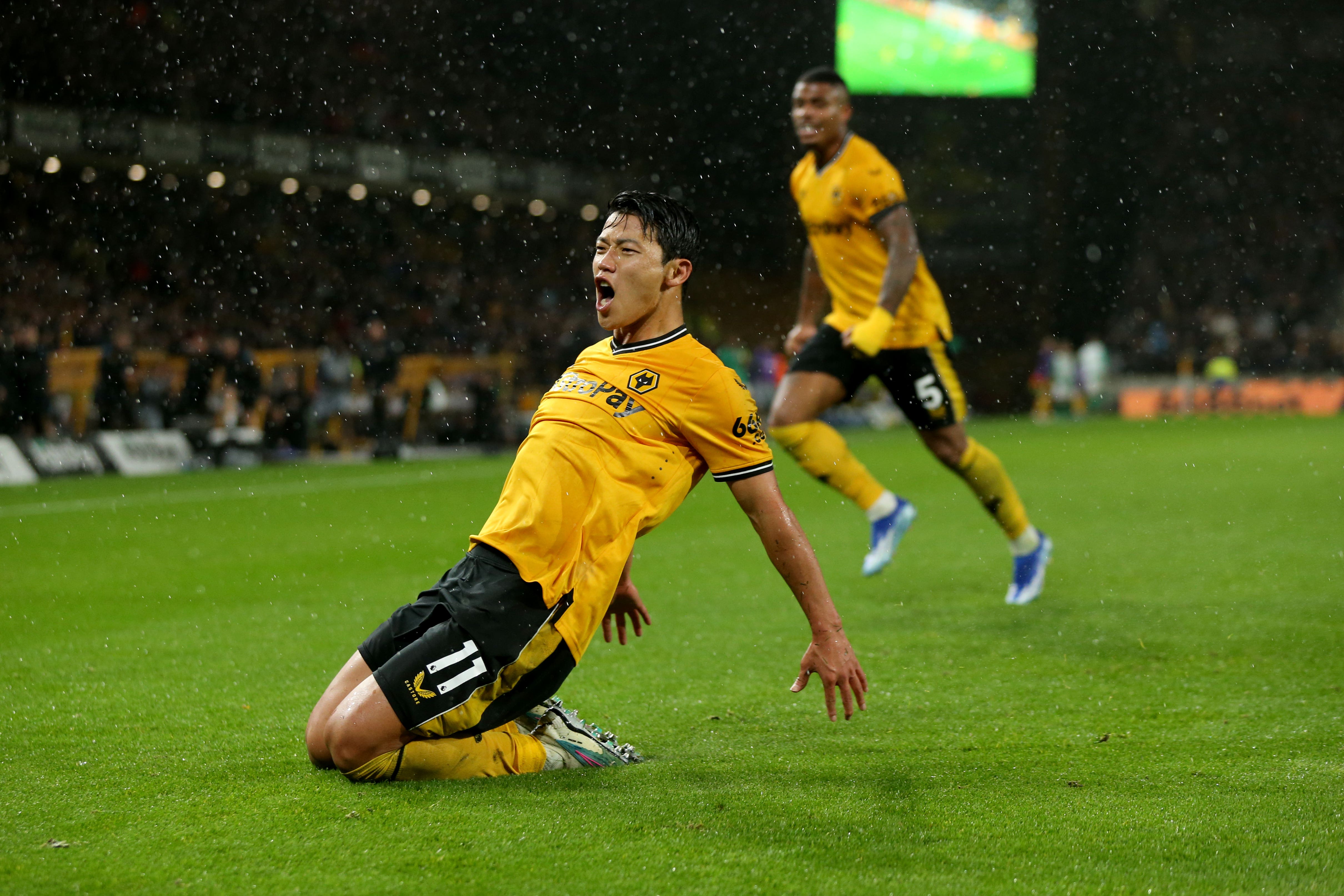 Hwang Hee-chan celebrates his equaliser (Barrington Coombs/PA)