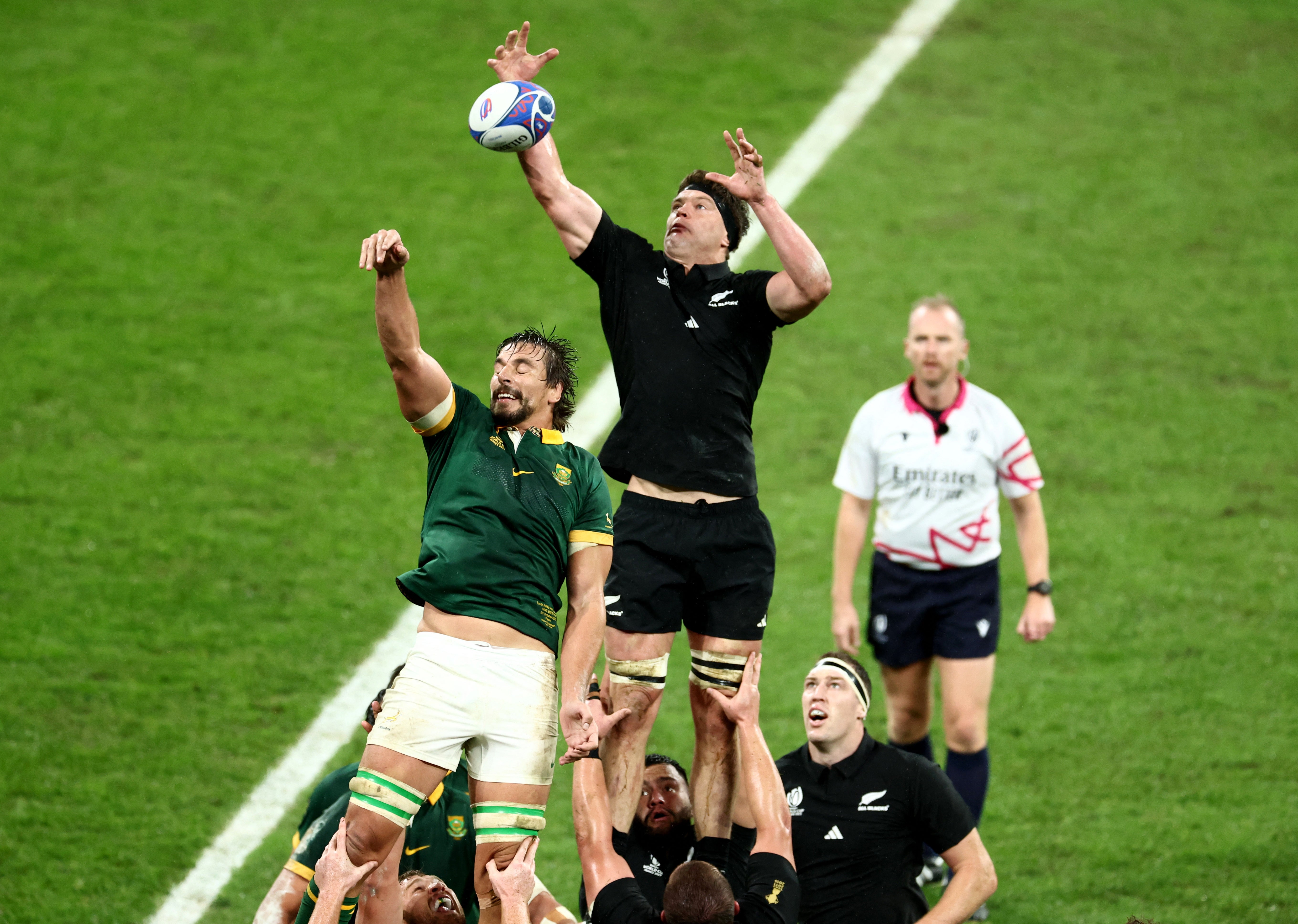 New Zealand's Scott Barrett (right) leaps for a lineout