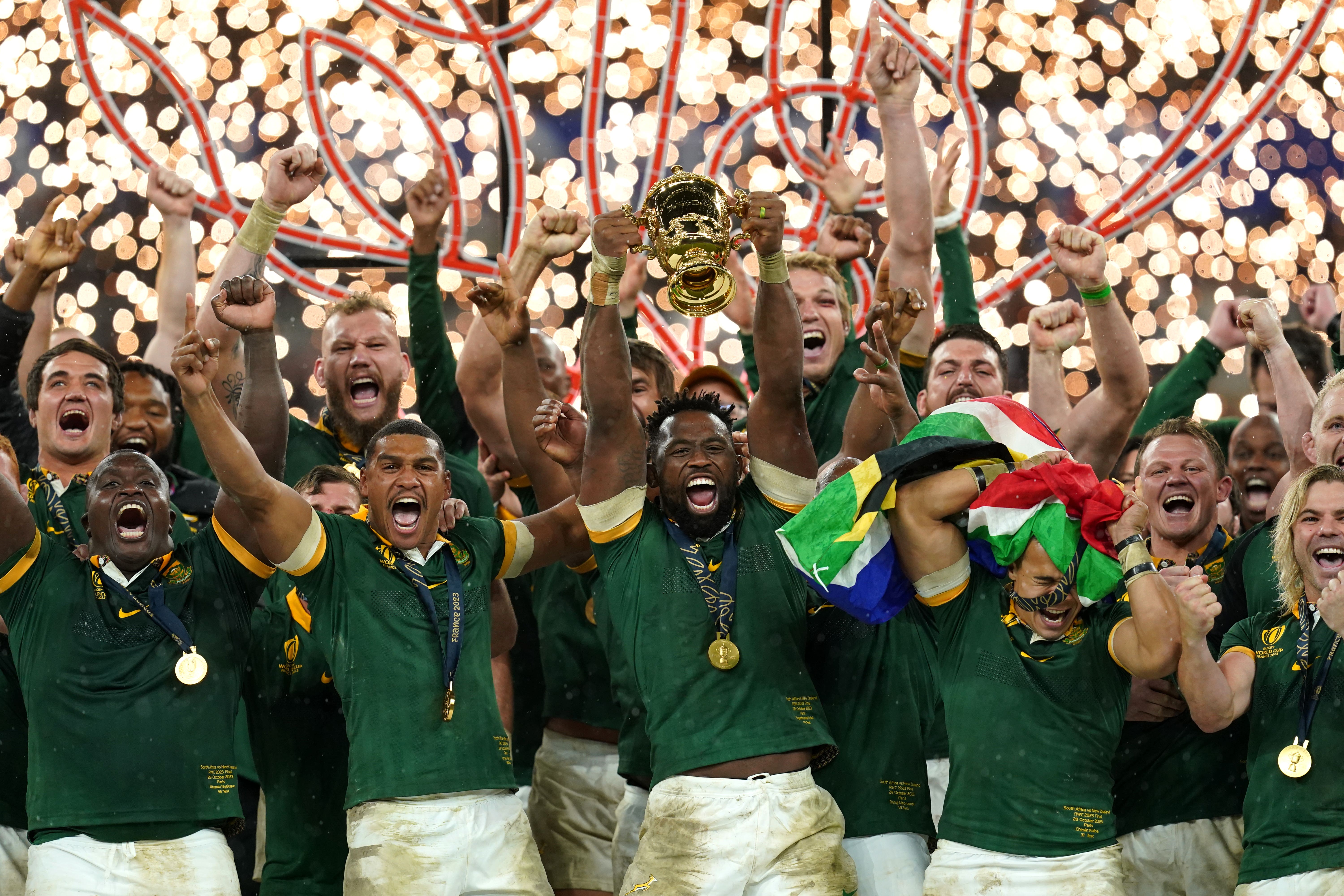 South Africa’s Siya Kolisi lifts the Webb Ellis Cup (David Davies/PA)