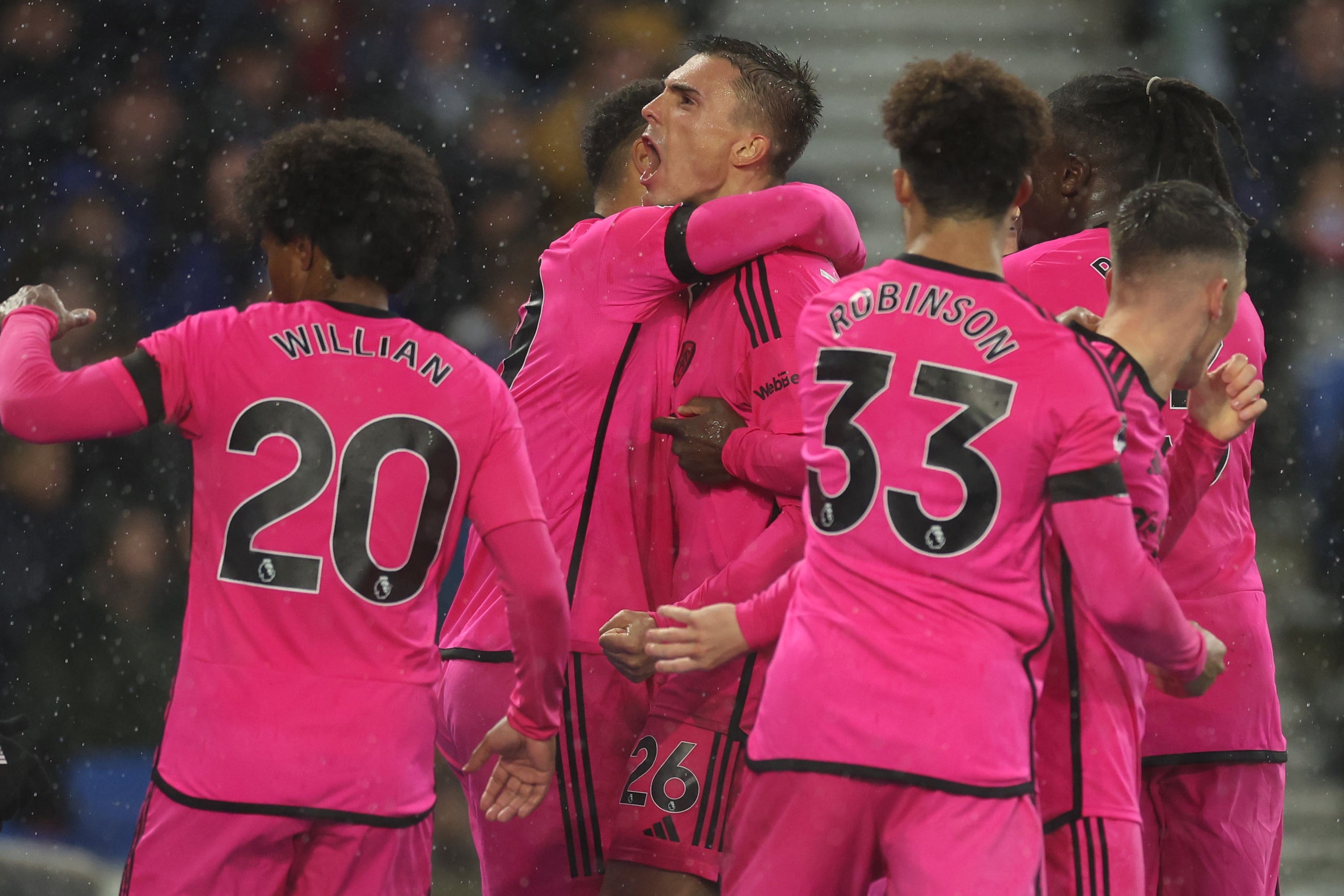 Joao Palhinha (centre) celebrates scoring Fulham’s equaliser (Steven Paston/PA)