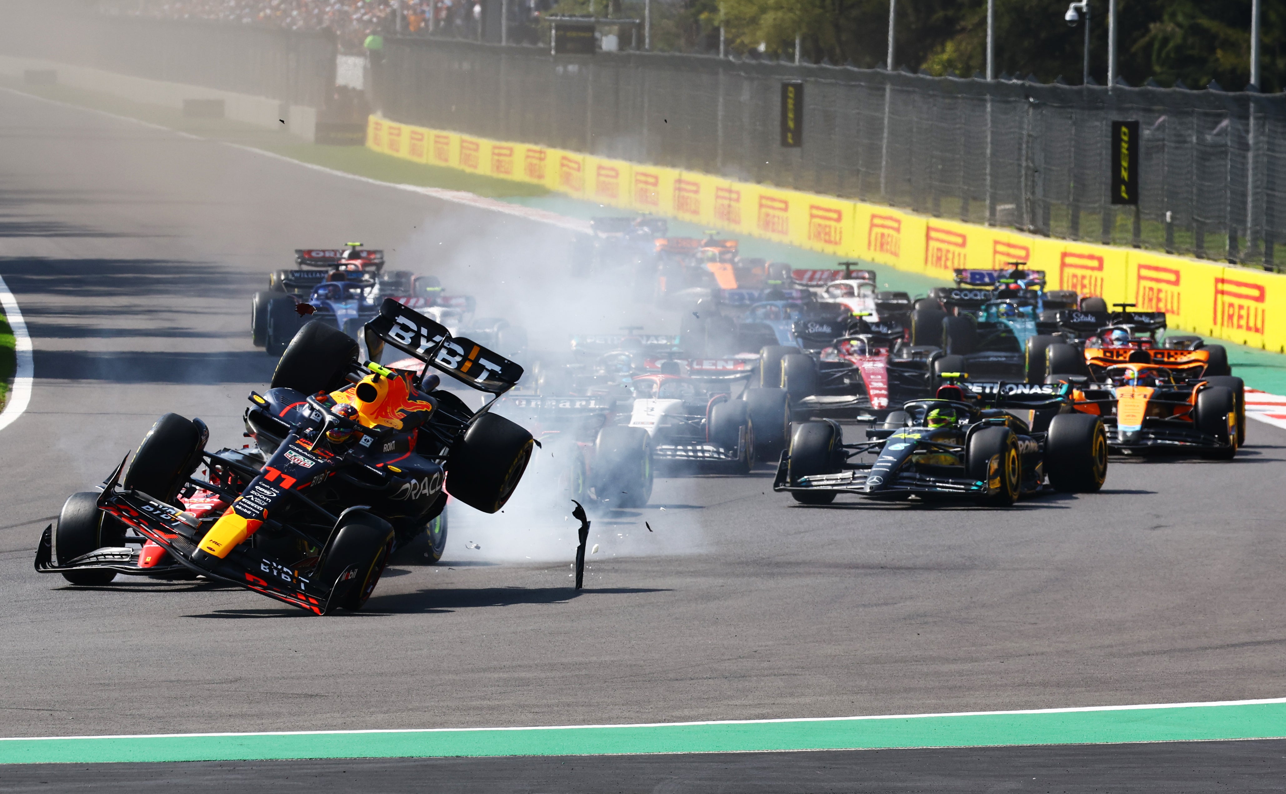 Sergio Perez had to retire after colliding with Charles Leclerc on lap one