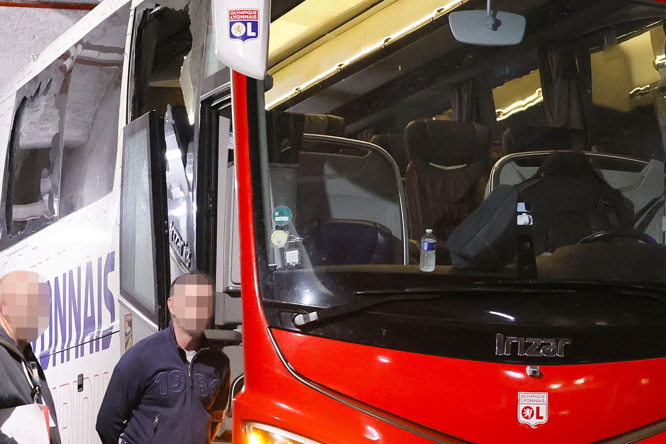 Lyon’s bus was damaged after arriving at Stade Velodrome