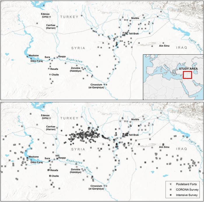 Distribution maps of forts documented by (top) Poidebard (1934), compared to (bottom) distribution of forts found on satellite imagery