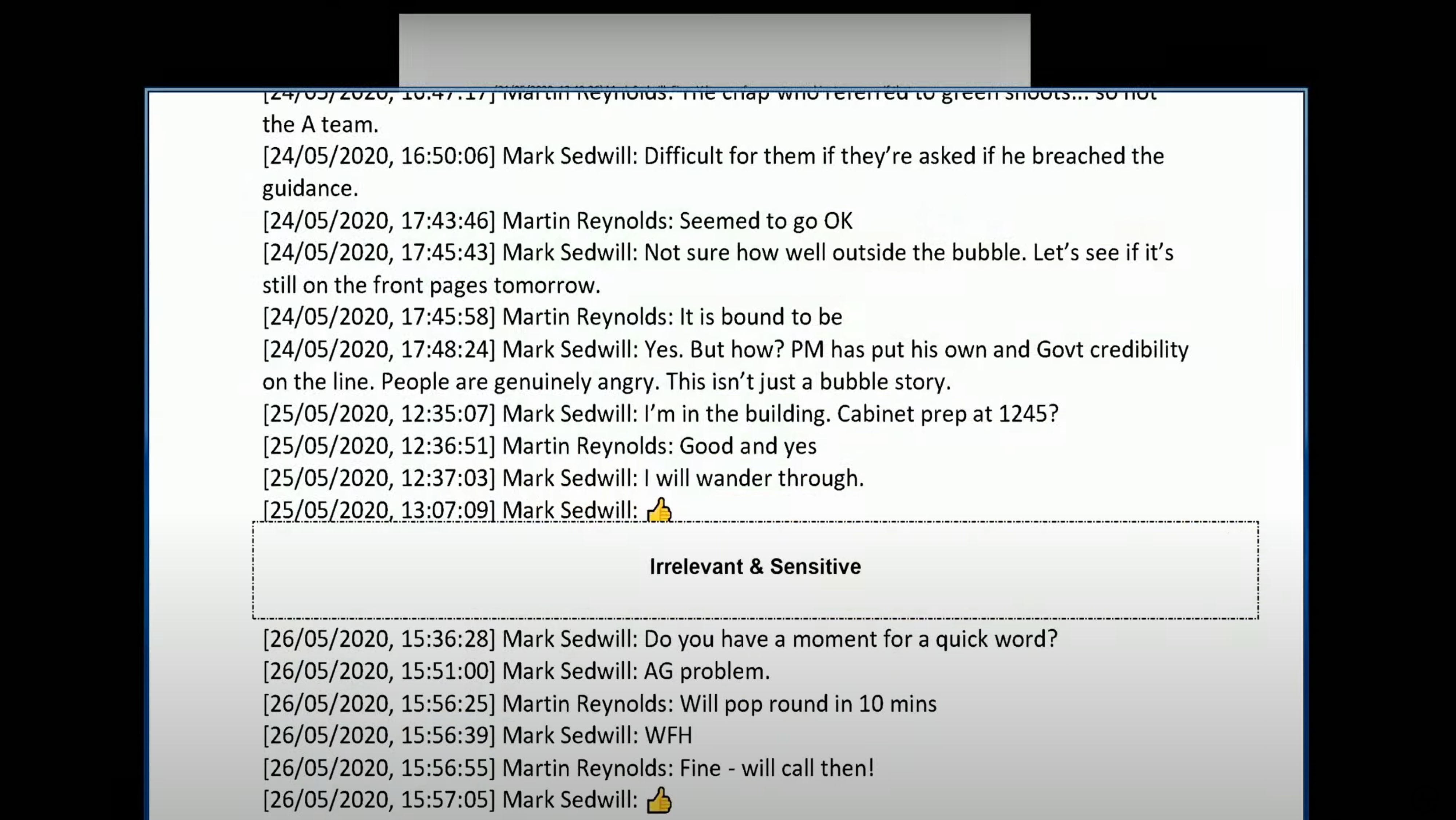 Screen grab from the UK Covid-19 Inquiry Live Stream showing messages between Martin Reynolds and Mark Sedwill