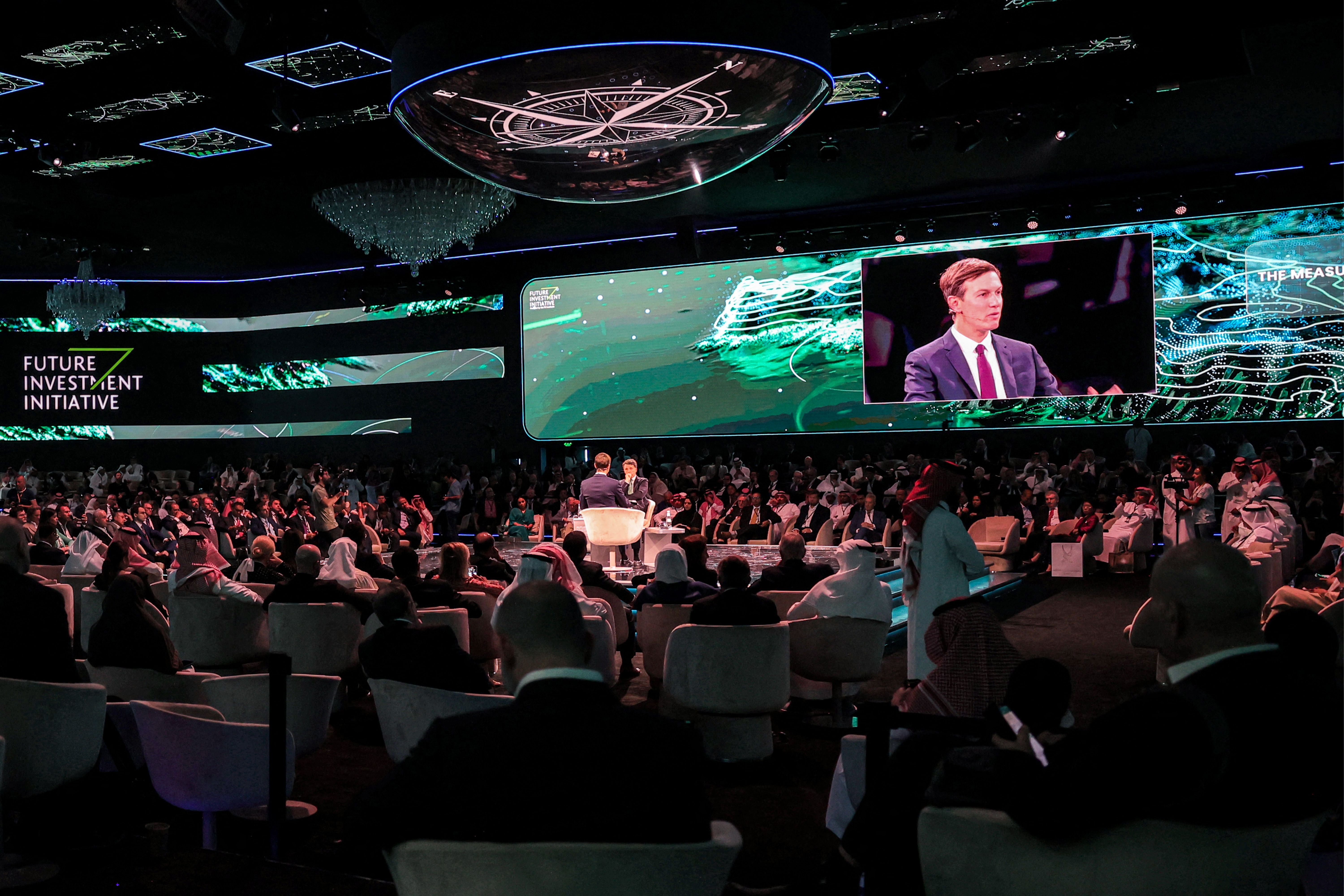 Jared Kushner, adviser to former US president Donald Trump, and Italy's former prime minister Matteo Renzi participate in a panel at the annual Future Investment Initiative conference in Riyadh