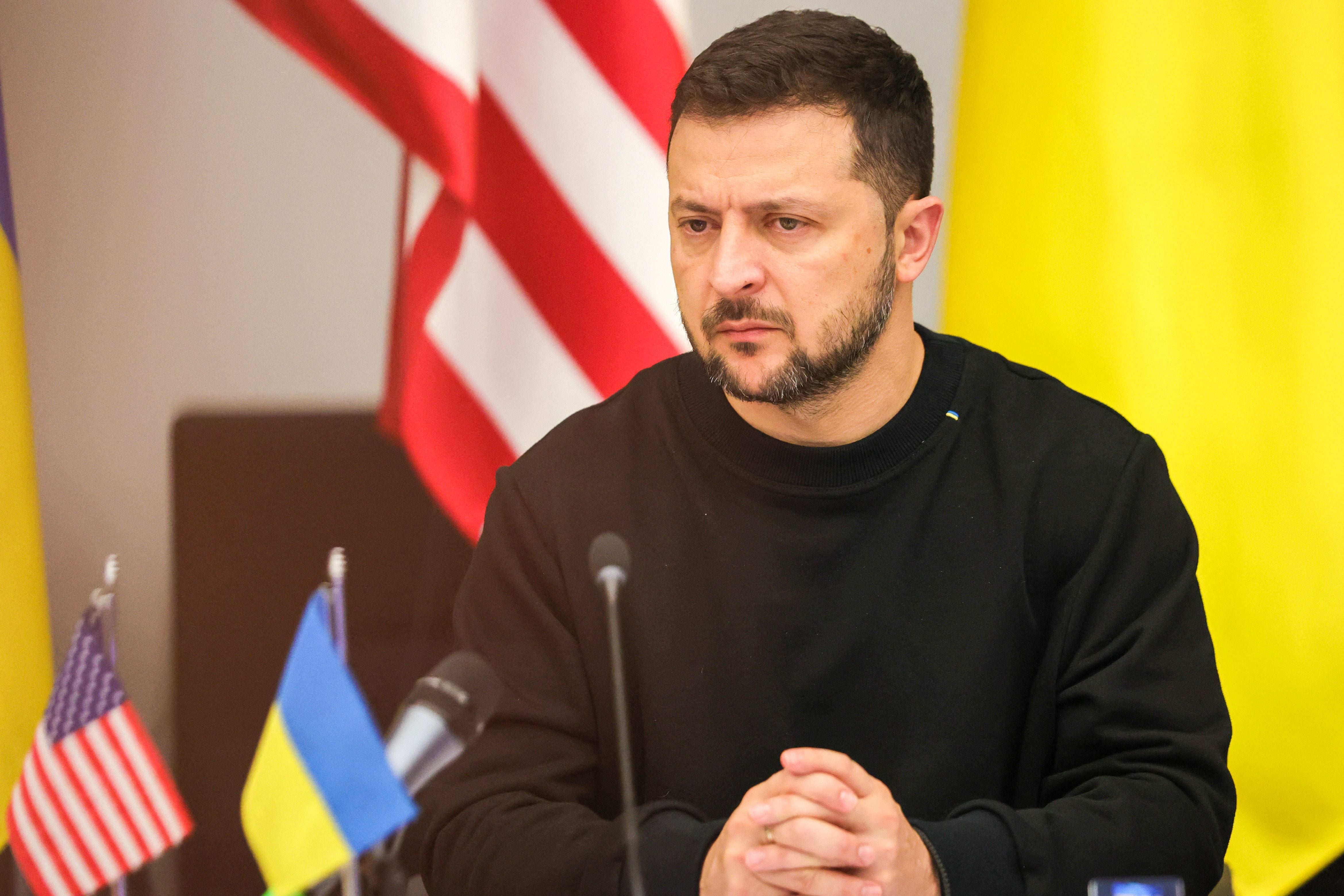 Ukraine president Volodymyr Zelensky is seen at the start of a meeting of the Ukraine Defence Contact Group ahead of a Nato Defence Ministers Council at the alliance headquarters in Brussels