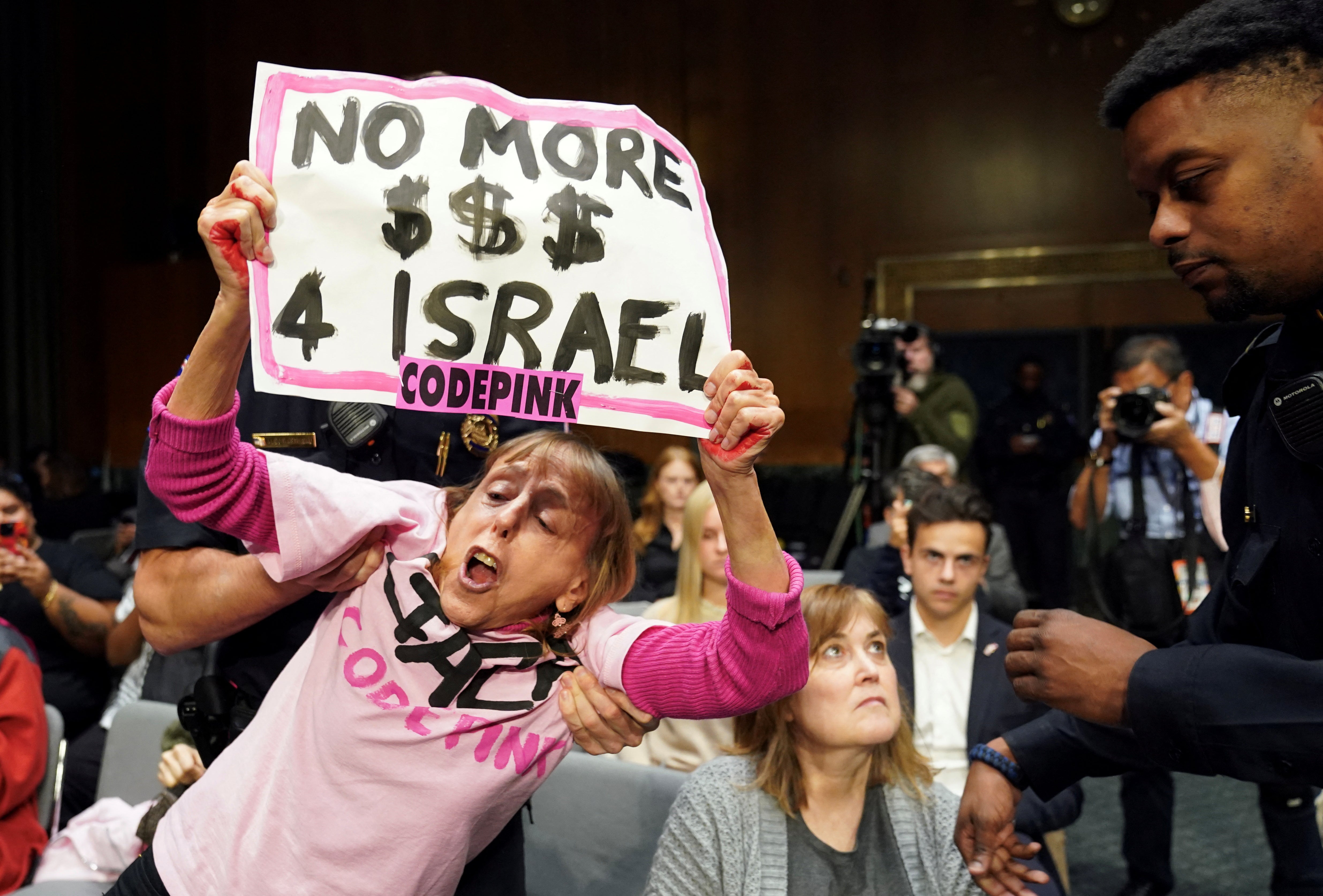 An anti-war protester is removed by police during a Senate Appropriations Committee hearing on President Biden's $106 billion national security supplemental funding request to support Israel and Ukraine