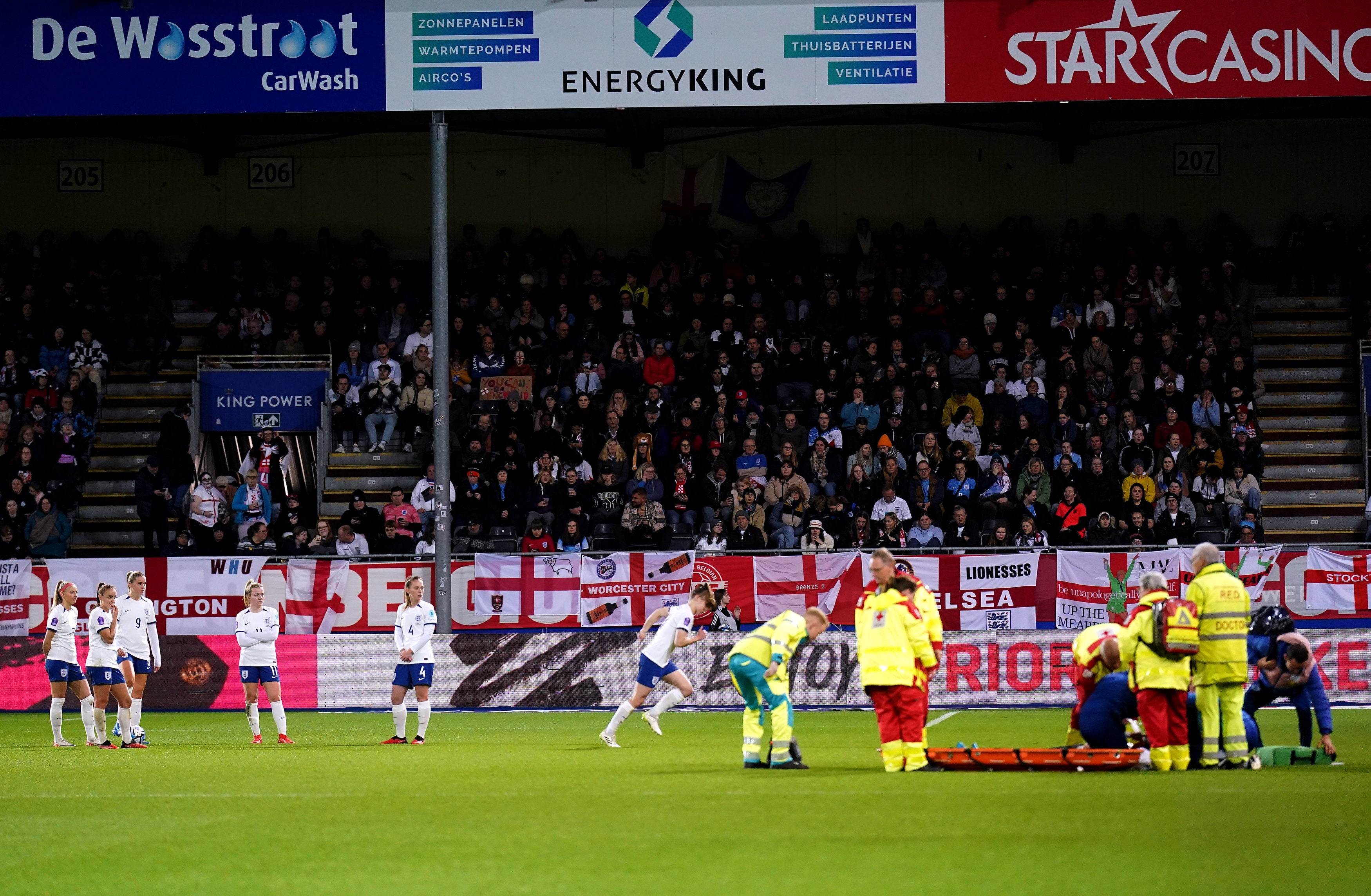 Alex Greenwood was stretchered off the pitch after a collision with Jassina Blom