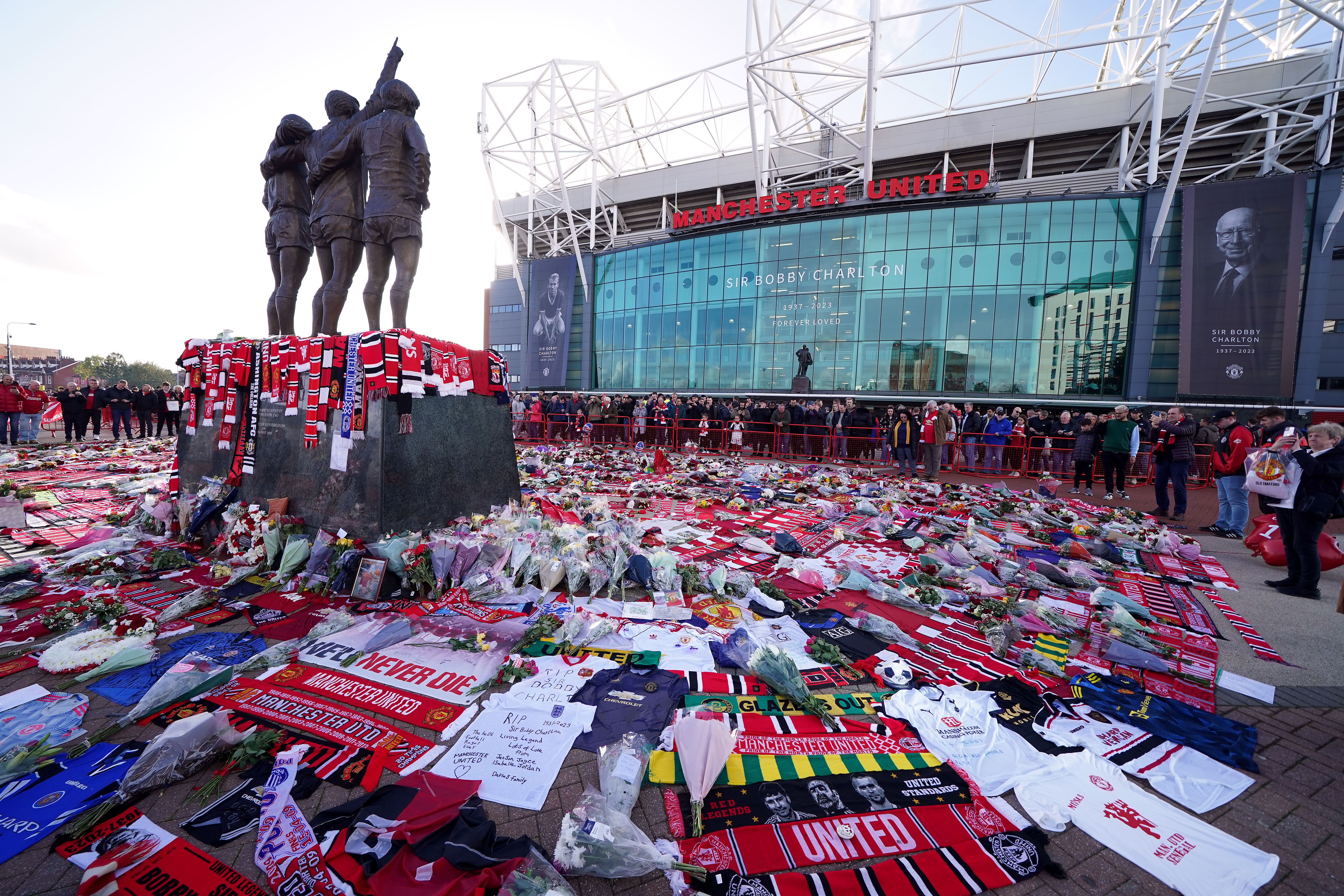 Fans left tributes to Charlton before the Manchester derby at Old Trafford on Sunday