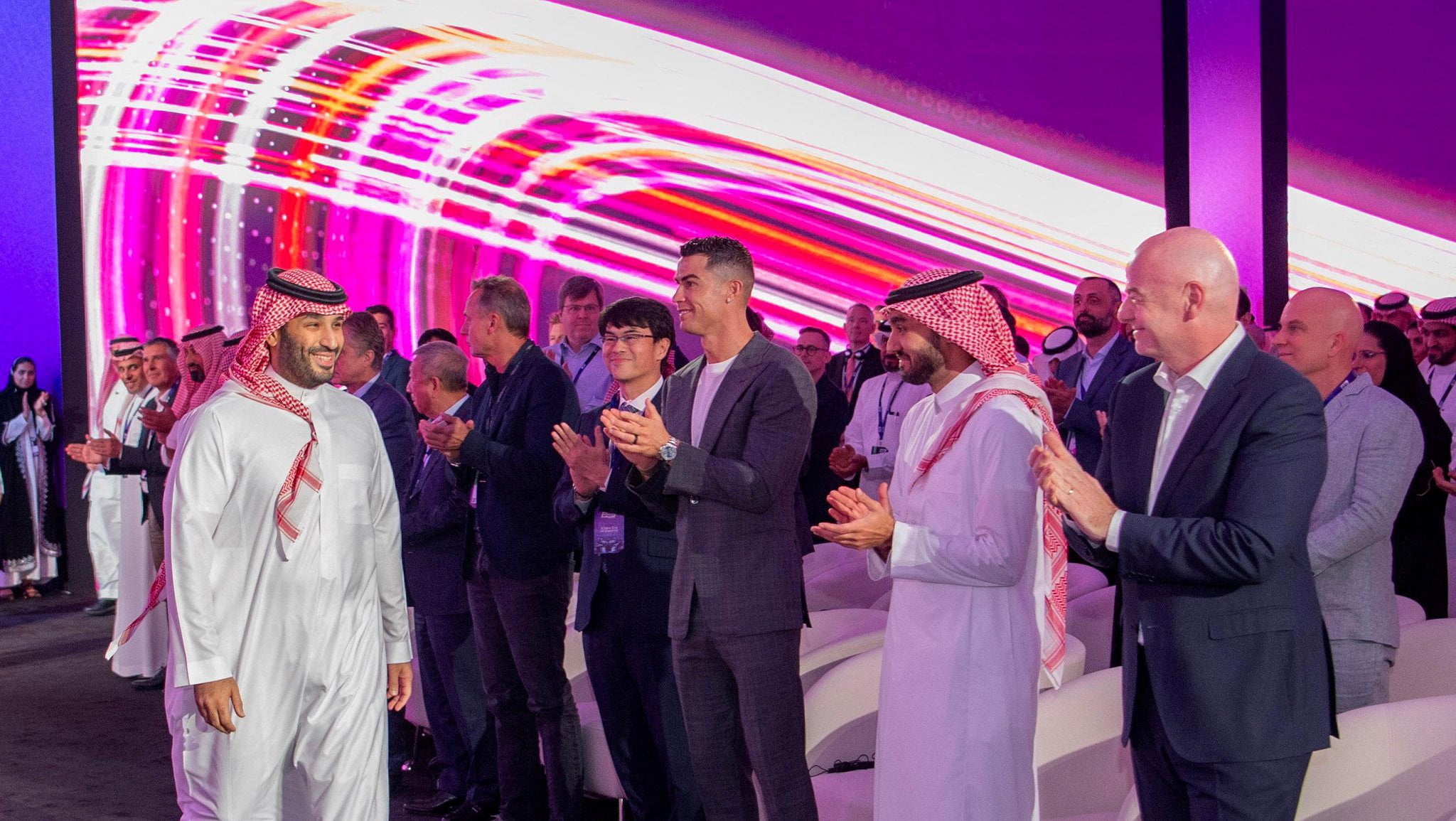 Saudi Crown Prince Mohammed bin Salman with Al Nassr's Cristiano Ronaldo, FIFA president Gianni Infantino and Saudi sports minister Prince Abdul Aziz bin Turki Al-Faisal