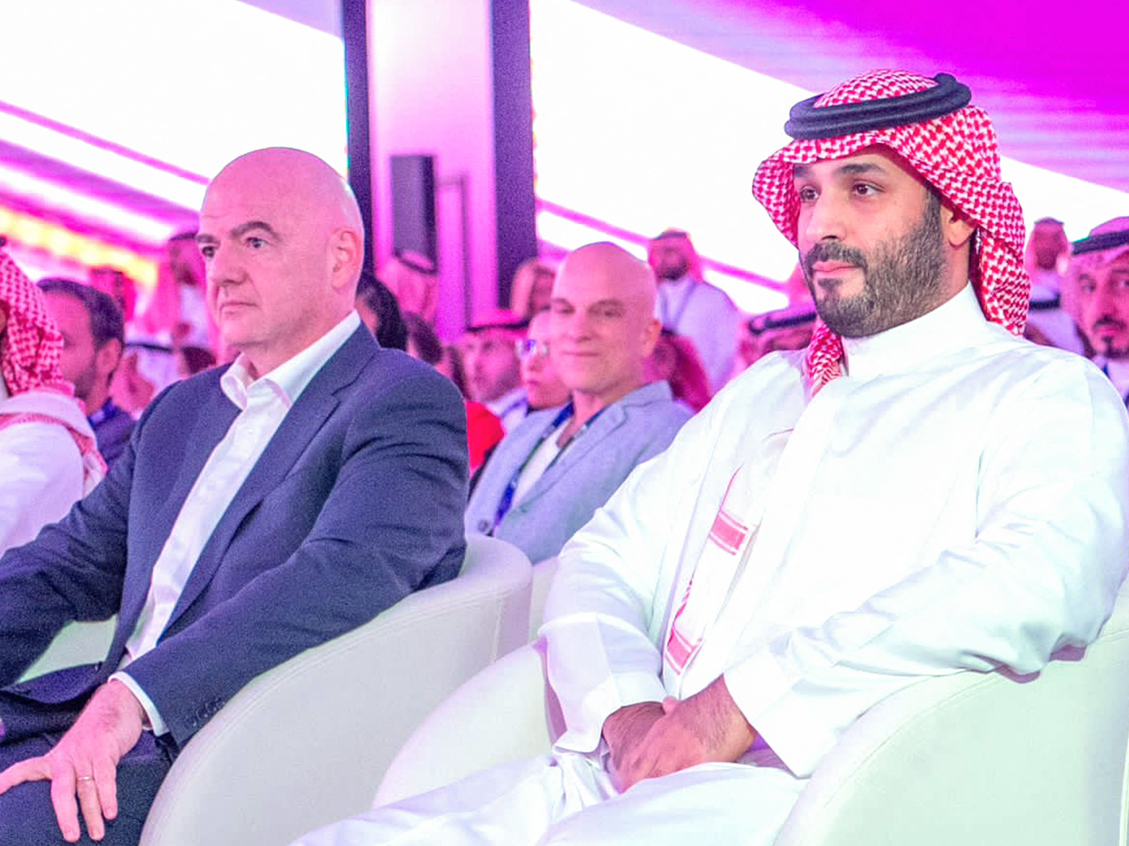 Saudi Crown Prince Mohammed bin Salman MBS (R) and FIFA President Gianni Infantino