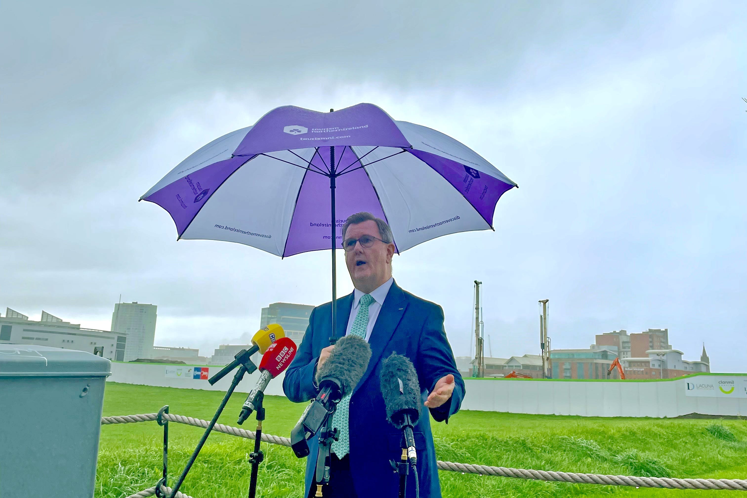 DUP leader Sir Jeffrey Donaldson speaks to the media (PA)