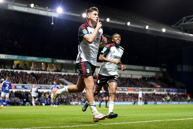 Fulham’s Tom Cairney celebrates scoring at Ipswich in the Carabao Cup (Zac Goodwin/PA)