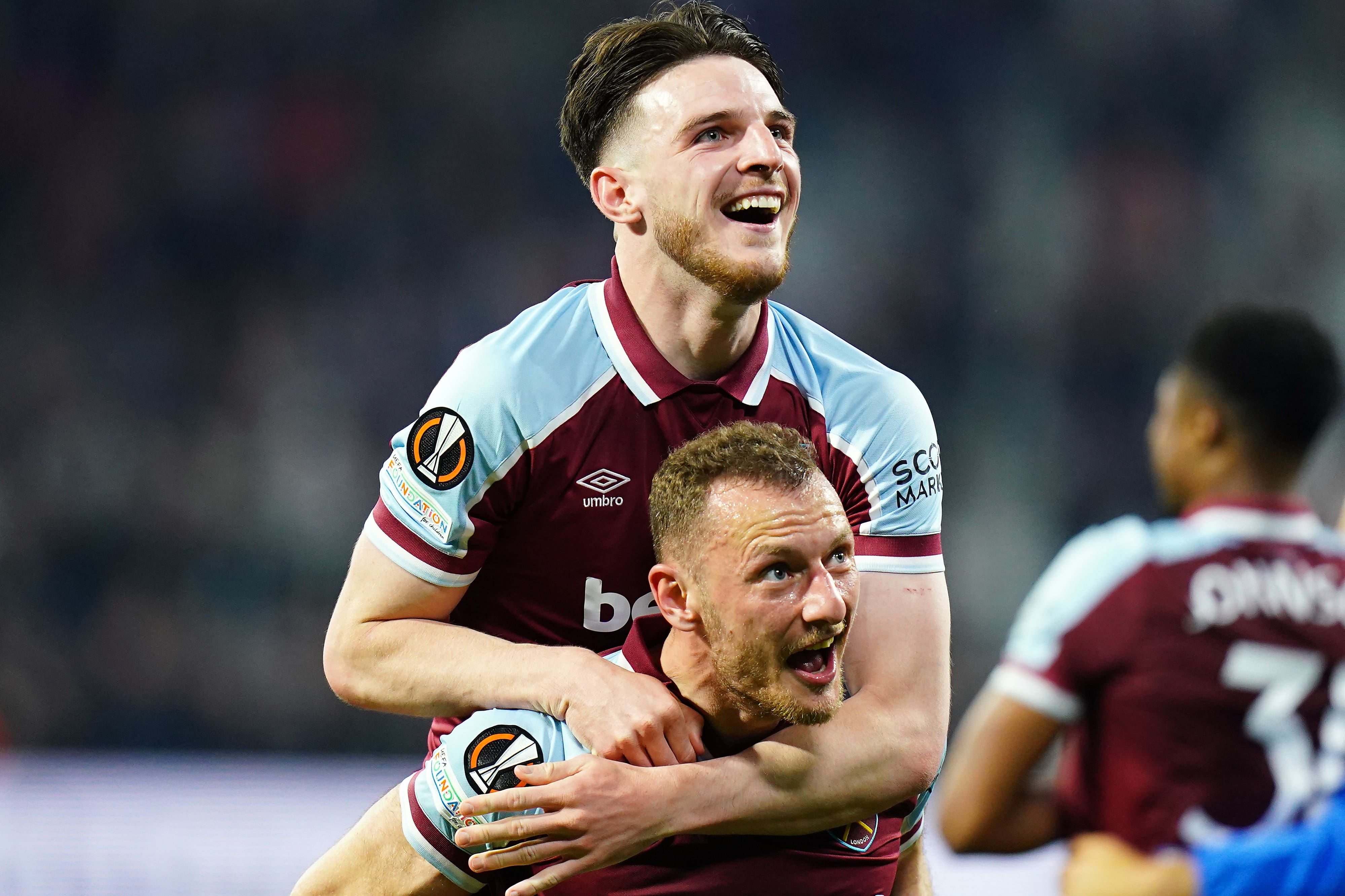 West Ham’s Vladimir Coufal came up against former team-mate Declan Rice (top) in the Carabao Cup on Wednesday. (Adam Davy/PA)