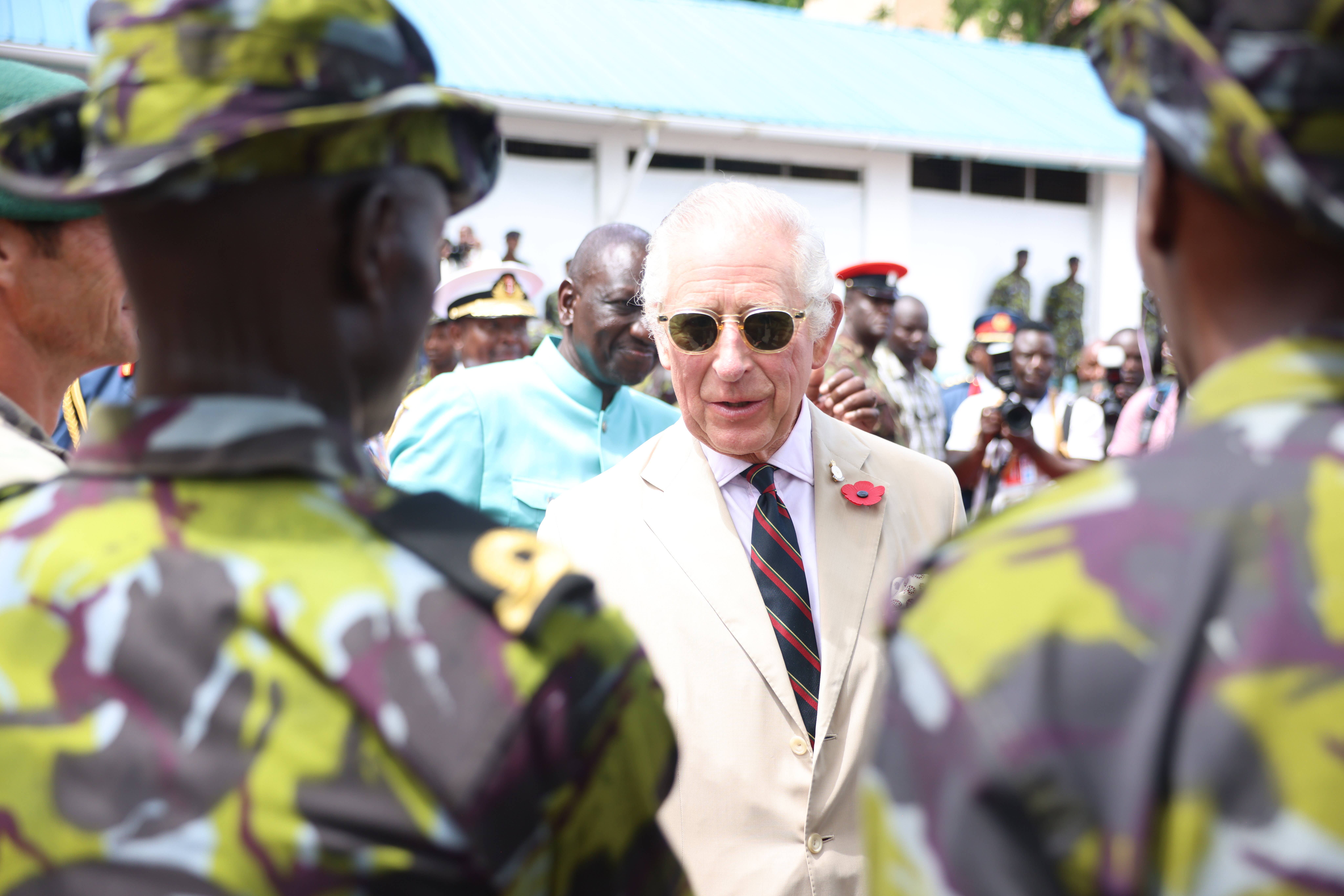 The King, as Captain General of the Royal Marines, during a visit to Mtongwe Naval Base in Mombasa (Ian Vogler/Daily Mirror/PA)