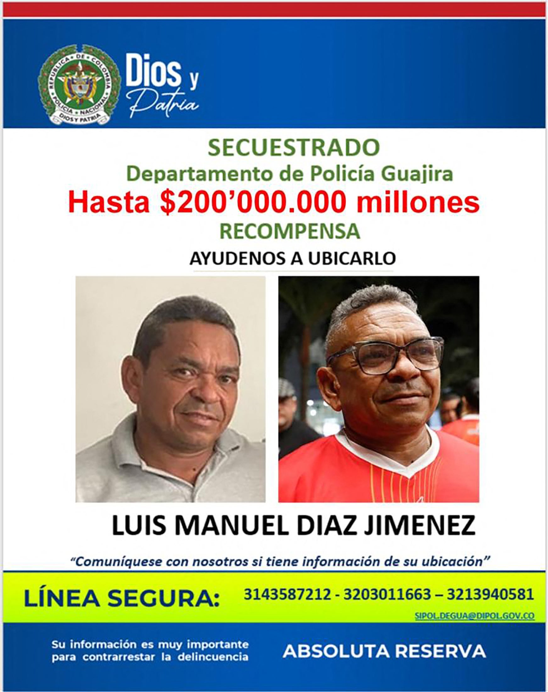 Handout released by Colombia's National Police offering a reward for information related to the kidnapping of Diaz’s father