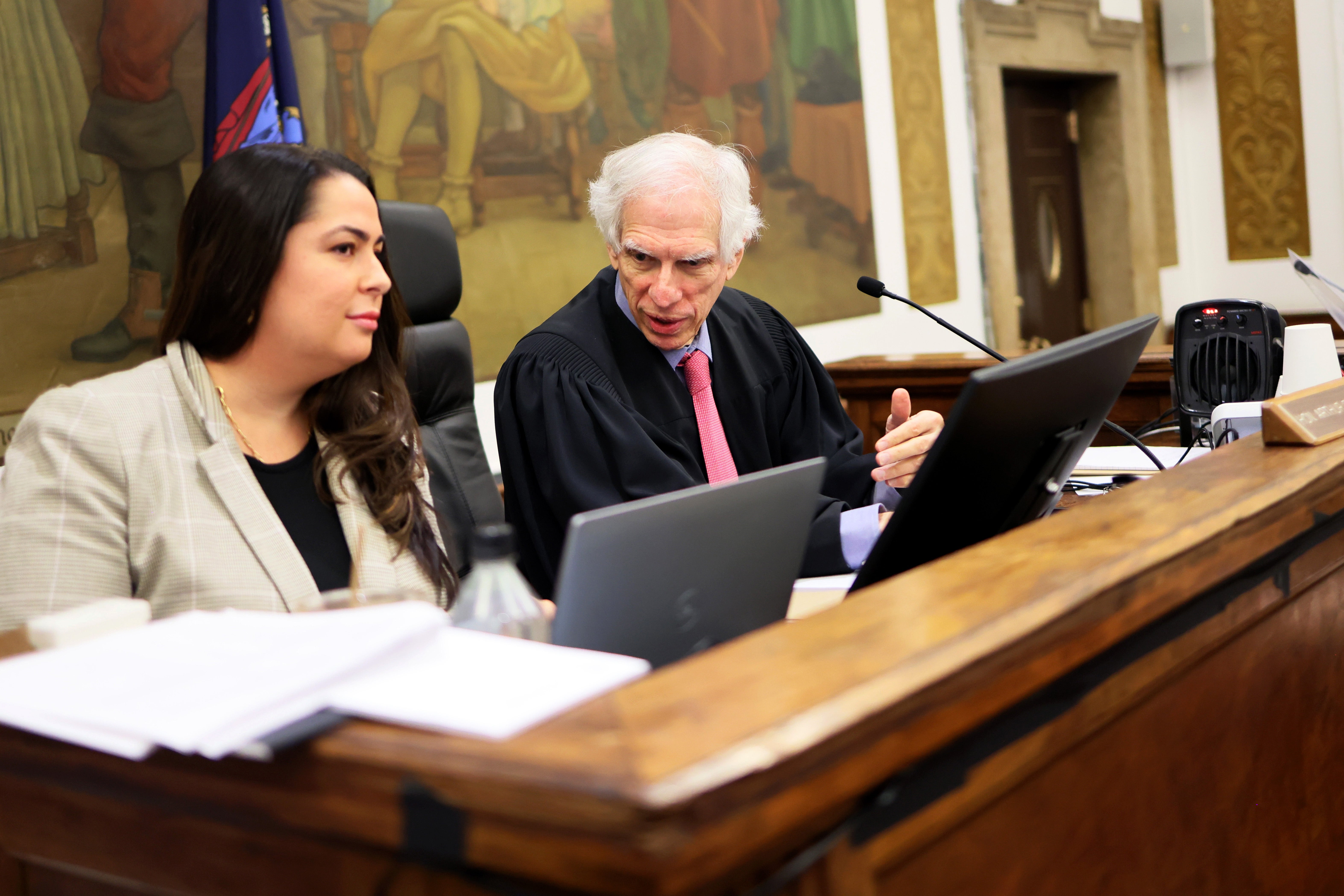 New York Judge Arthur Engoron speaks with his principal law clerk Allison Greenfield