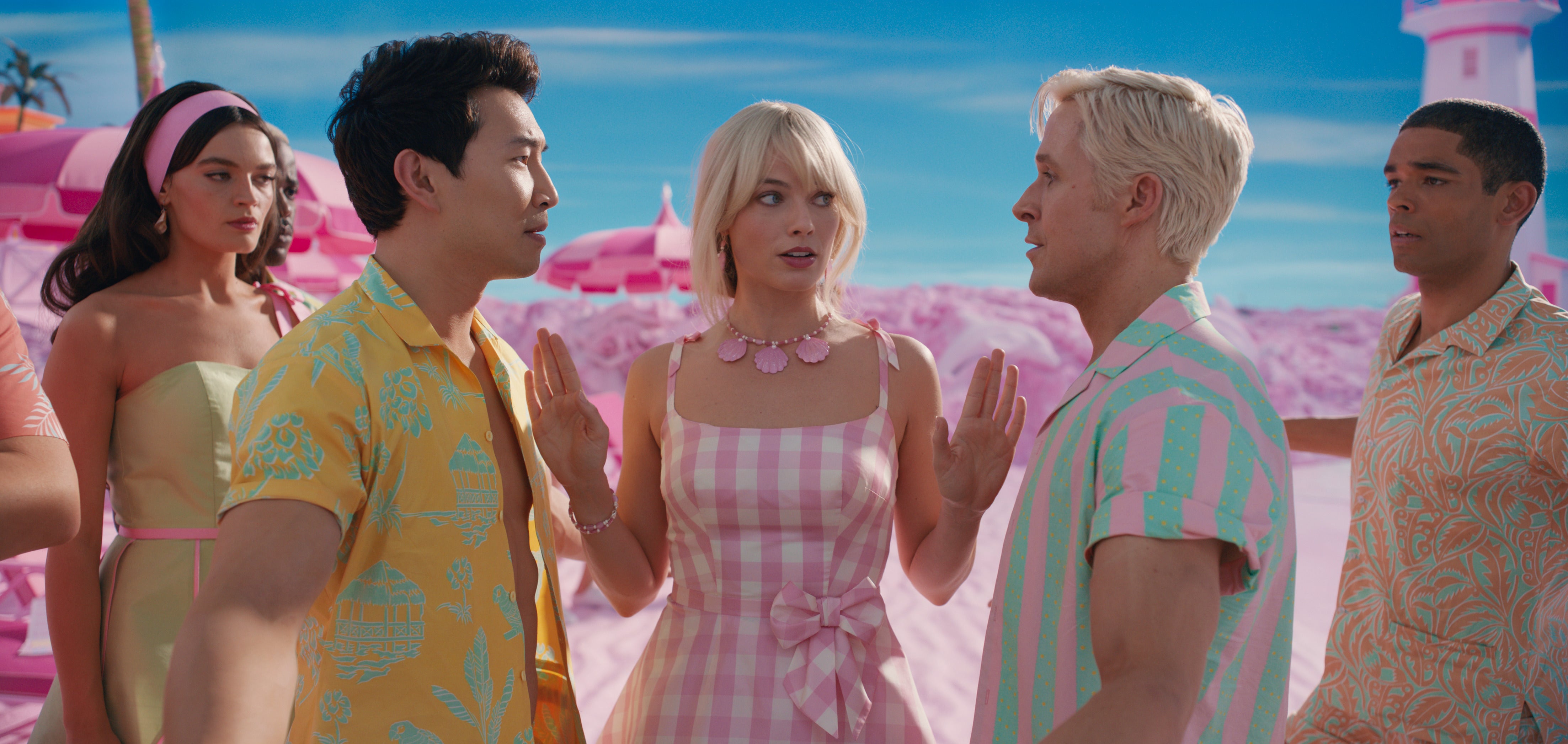 Ben-Adir (far right), with Emma Mackey, Simu Liu, Margot Robbie and Ryan Gosling in ‘Barbie'