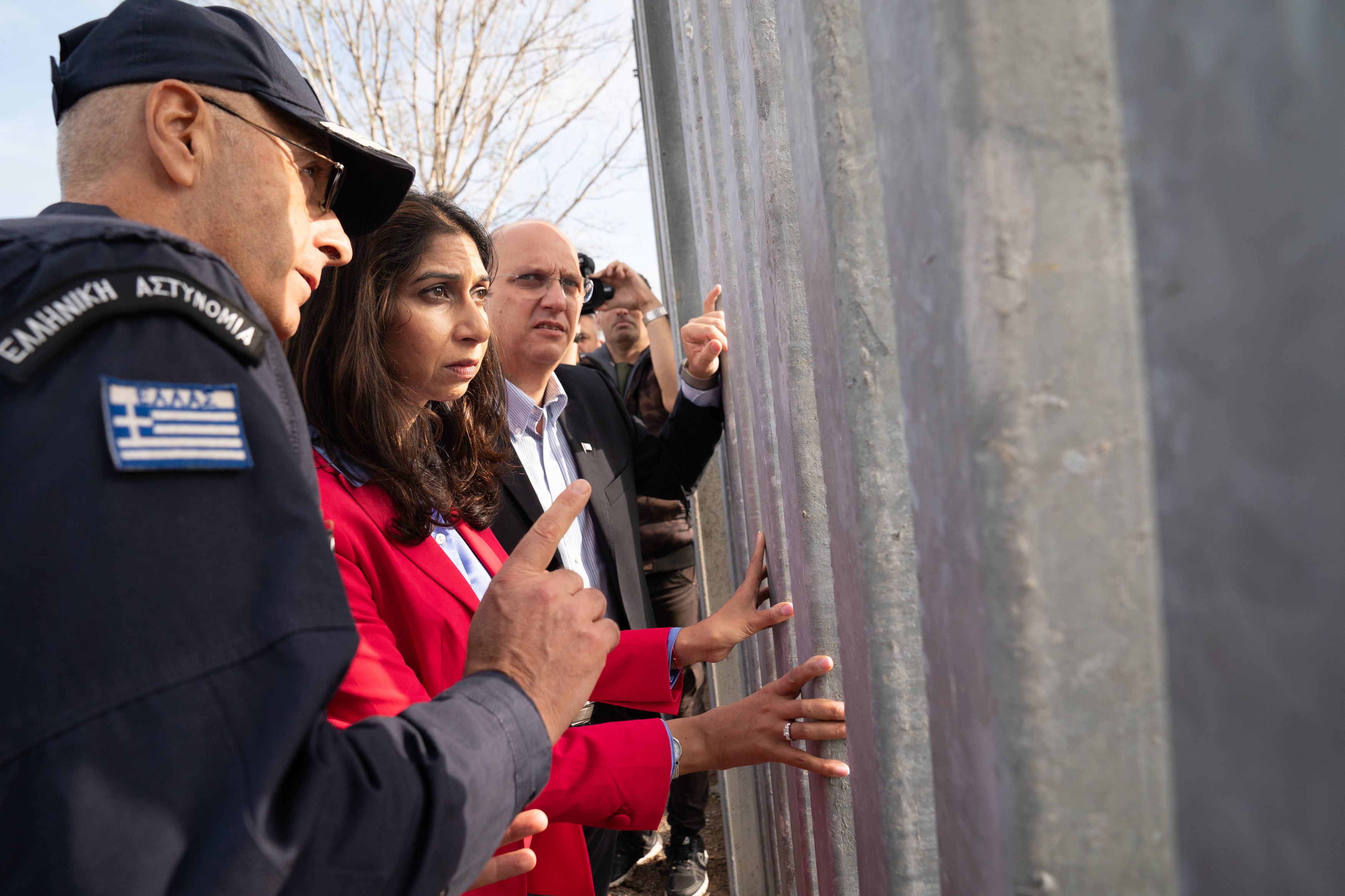 Home Secretary Suella Braverman looks through into Turkey from the north eastern Greek border with Turkey in Alexandroupolis to view surveillance facilities and learn how Greek security forces are monitoring the land border with their Turkish neighbours. The Home secretary is on a two day visit to the region to discuss migration and security.