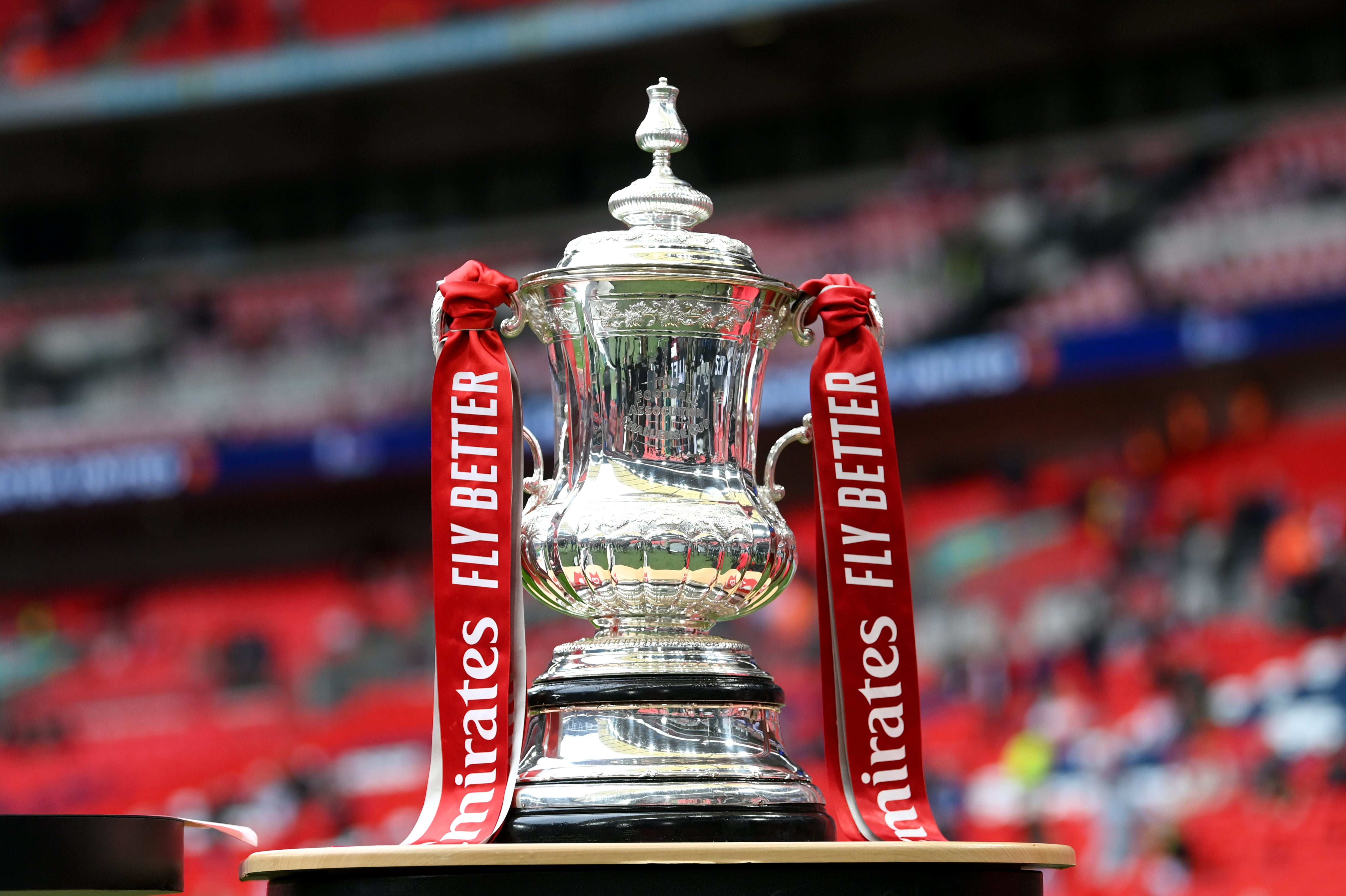 A detailed view of the FA Cup trophy prior to the FA Cup Semi Final match between Manchester City and Sheffield United at Wembley Stadium in April 2023