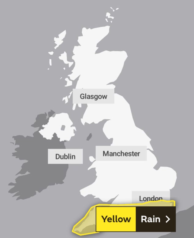 Saturday’s yellow warnings issued by the Met Office for the south of England